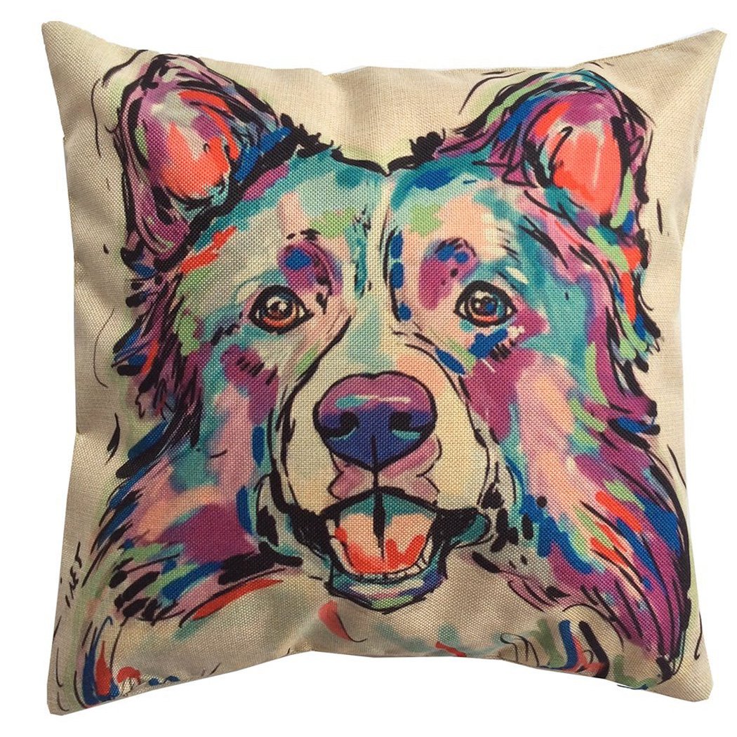 Redland Art Cute Pet Border Collie Dog Pattern Linen Throw Pillow Covers Car Sofa Cushion Cases Home Decor Square 18'X18' Inch