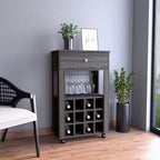 Margh Bar Cart, 12 Wine Cubbies, Drawer, Glass Rack, Caster Wheels, Carbon Espresso