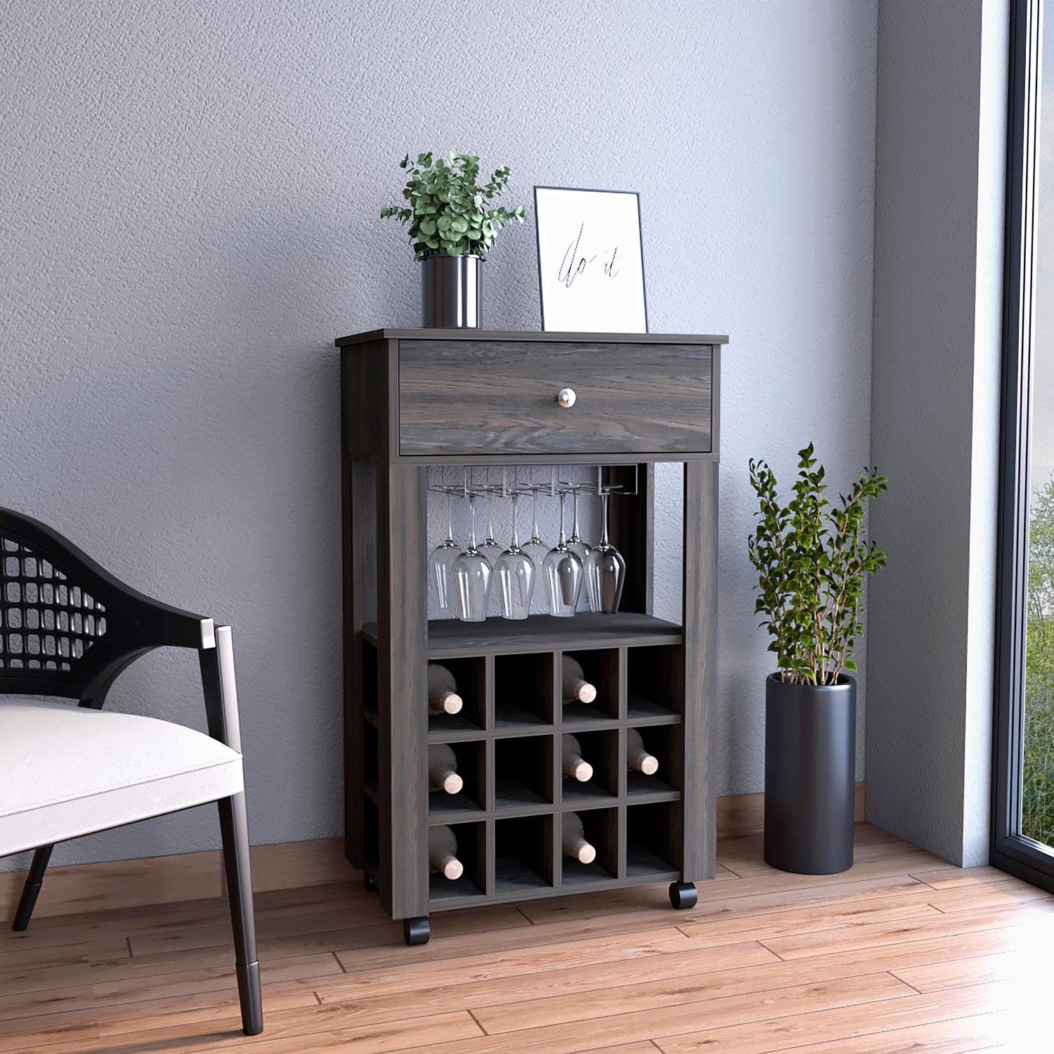 Margh Bar Cart, 12 Wine Cubbies, Drawer, Glass Rack, Caster Wheels, Carbon Espresso