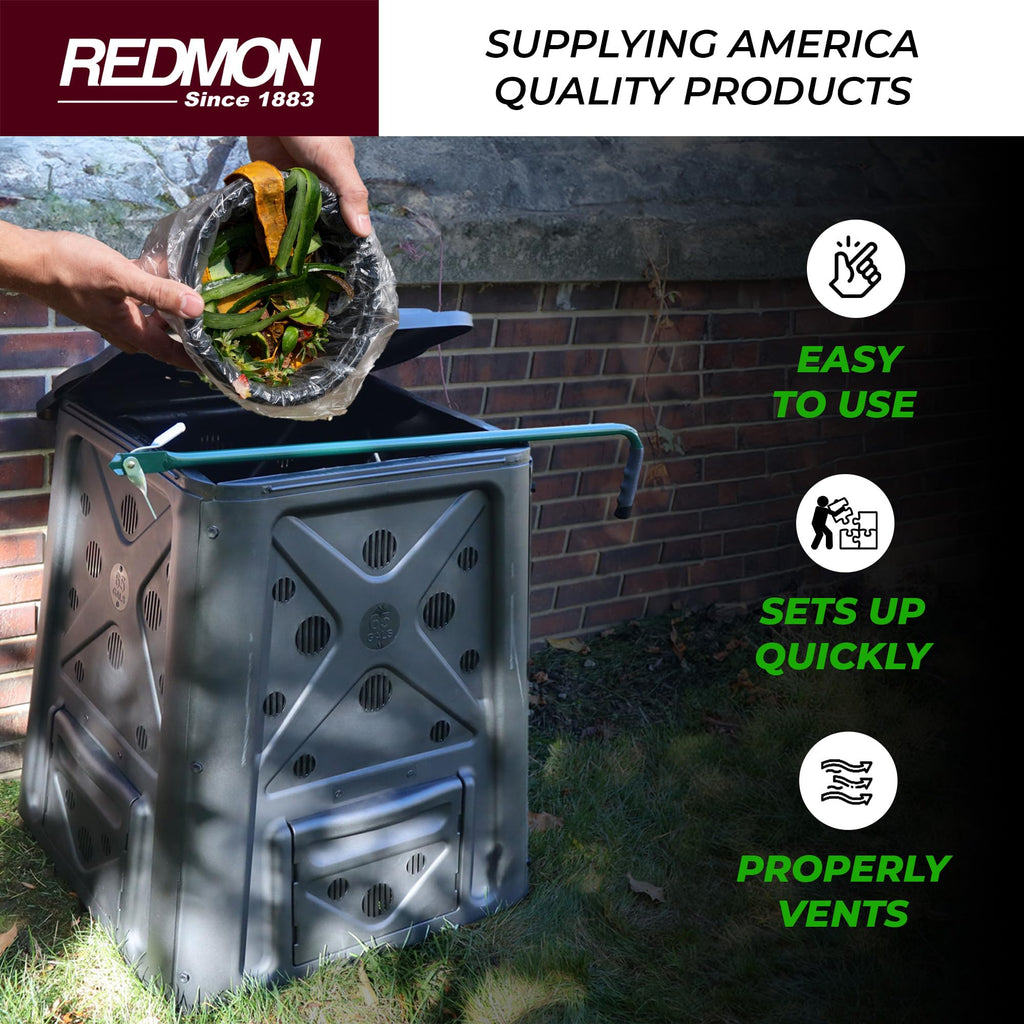 Redmon 65 Gallon Outdoor Compost Bin With Snapping Lift Off Lid, 4 Door Access, And Multiple Vent Holes For Garden And Landscaping, Black