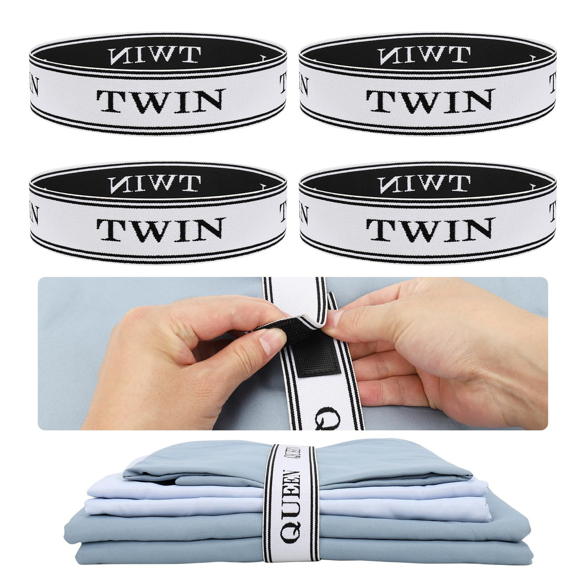 BROPGOD Bed Sheet Organizer Bands with Velcro-Adjustable Sheet Organizers and Storage Label Bands for Linen Closet-Elastic Beddi