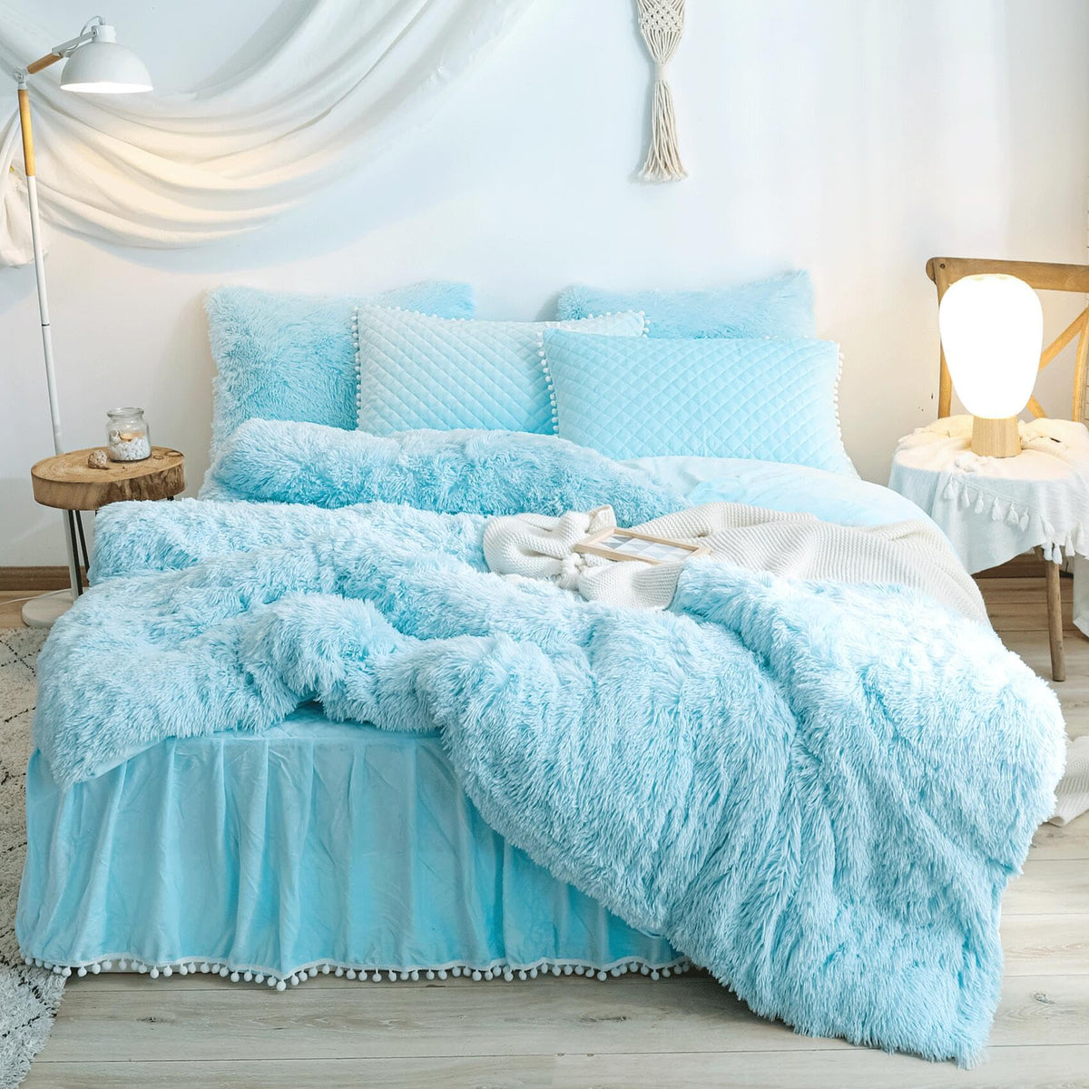 Haihua Fluffy Blue Comforter Cover King Set,Faux Fur Blue Comforter Cover Set 3 Pieces(1 Plush Duvet Cover +2 Shaggy Pillowcases