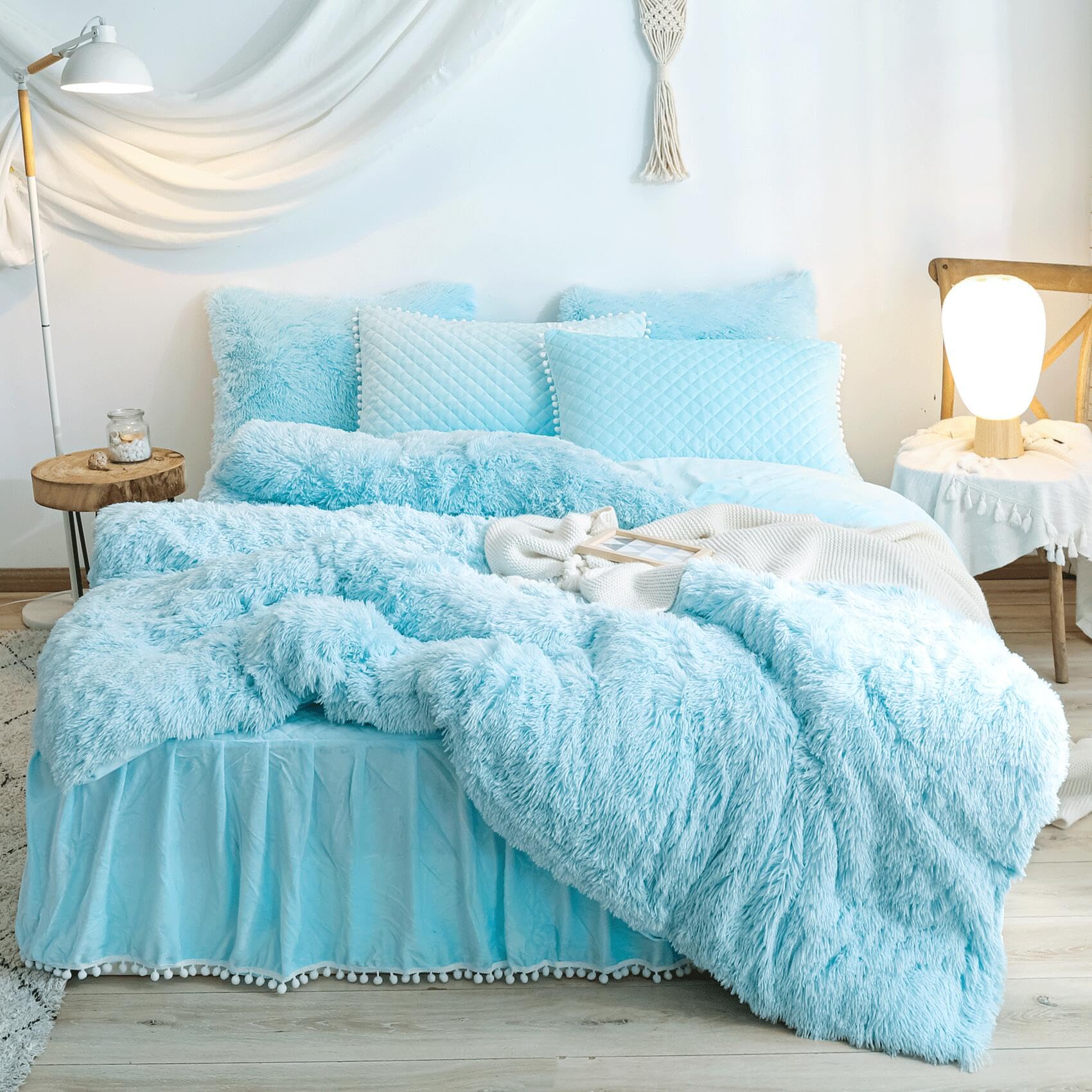 Haihua Fluffy Blue Comforter Cover King Set,Faux Fur Blue Comforter Cover Set 3 Pieces(1 Plush Duvet Cover +2 Shaggy Pillowcases