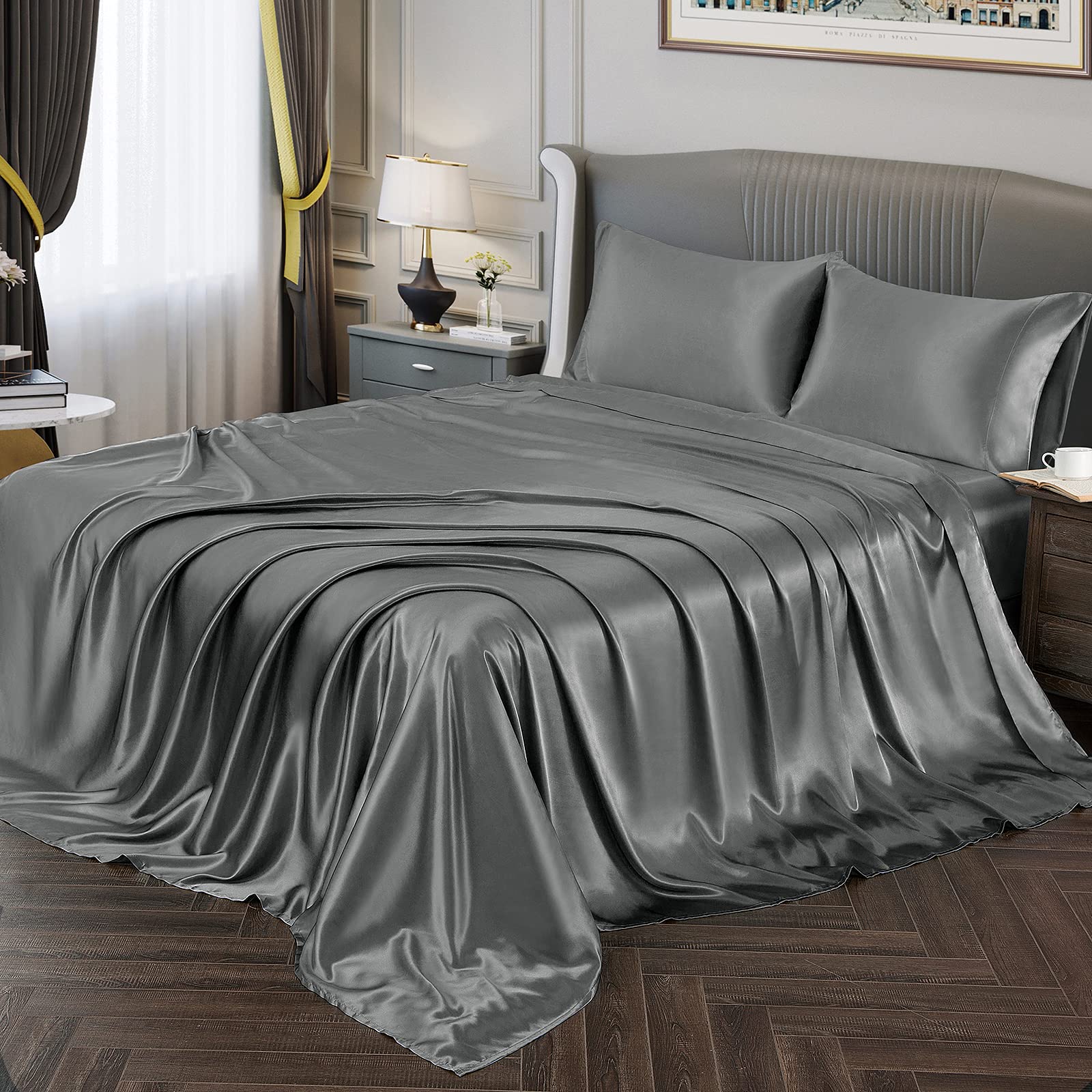 Vonty Satin Sheets Split King Silky Soft Satin Bed Sheets Grey Satin Sheet Set, 2 Deep Pocket Fitted Sheet + 1 Flat Sheet + 2 Pi