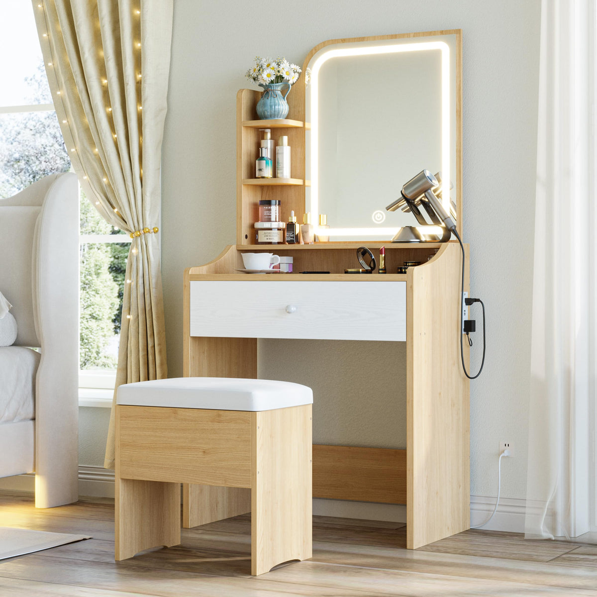 LIKIMIO Small Makeup Vanity Desk with Mirror and Lights, Vanity Table Set with Storage Drawer, Chair and Three Shelves, Bedroom,