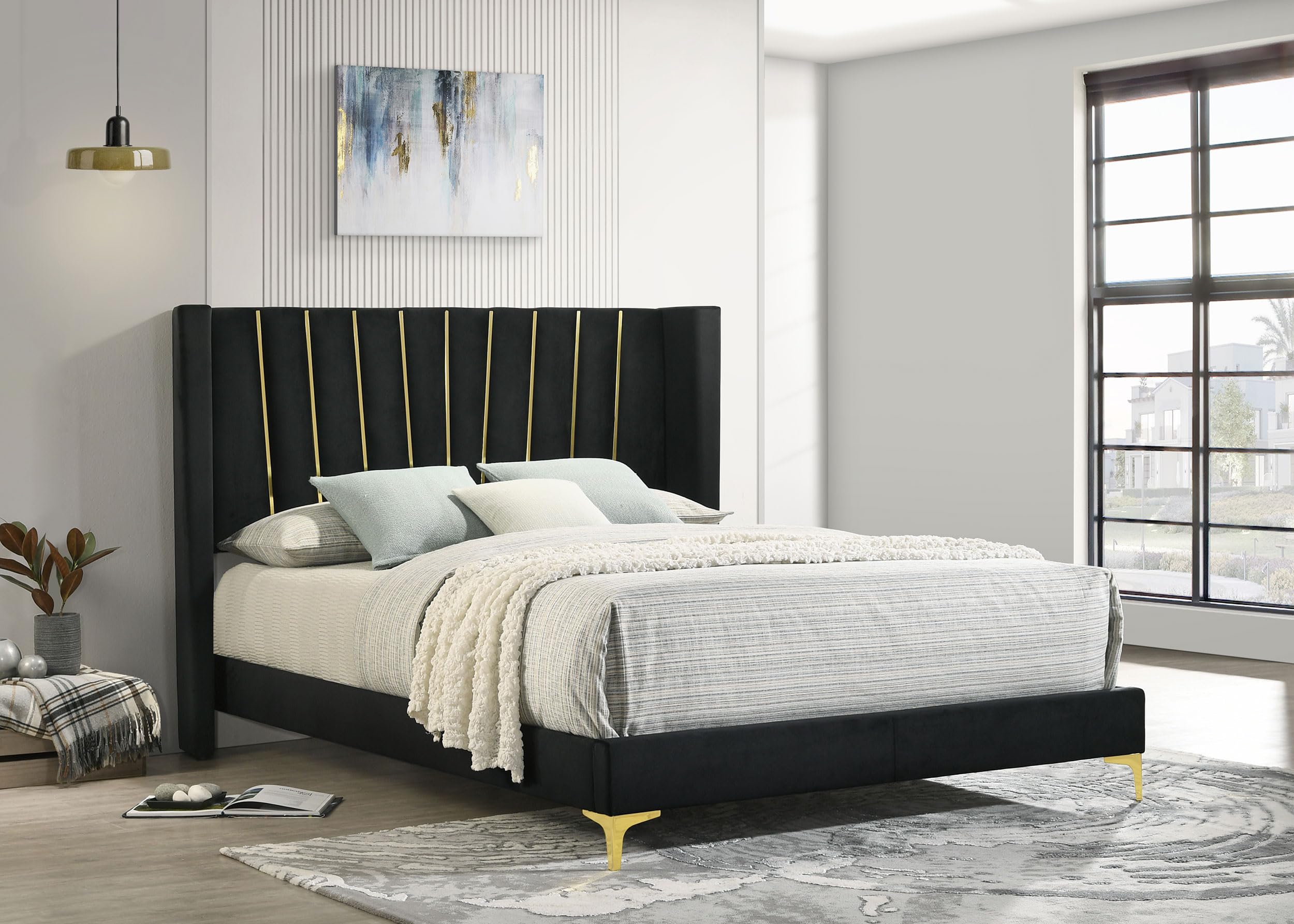 Coaster Home Furnishings Kendall 52-Inch Upholstered Bed Queen Size Modern Panel Bed Frame Velvet Upholstery Channel Tufting with Gold Accents Black 301161Q