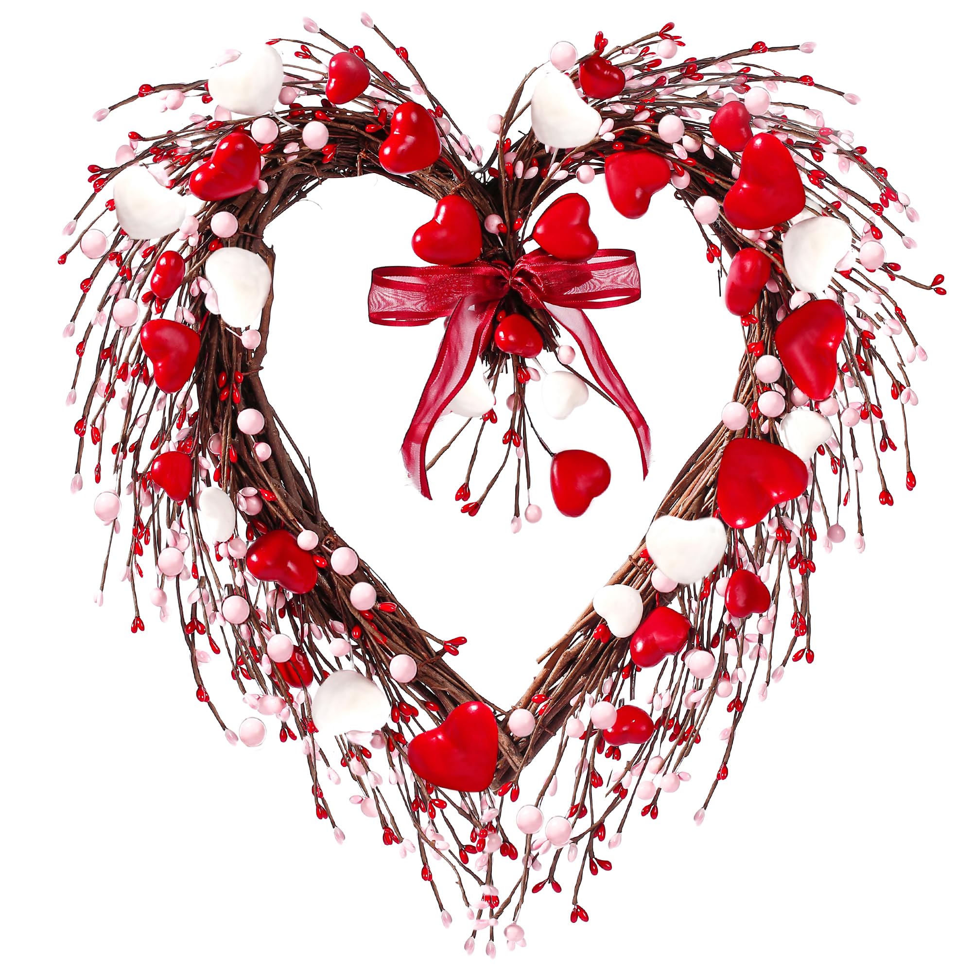 Sggvecsy 17in Valentines Day Heart Wreath with Berry Red Heart Wreaths Handmade Valentines Day Wreath with Silk Bow Red Pink Pi