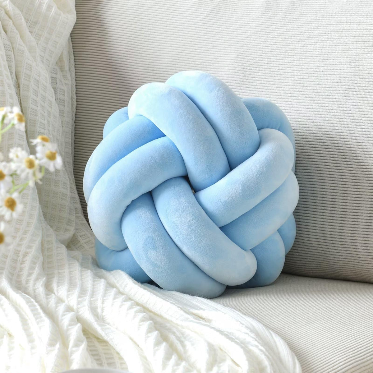 Vbgya Knot Pillow Ball, Soft Decorative Throw Pillows Cushion, 11 Inch Round Plush Knotted Pillows Light Blue Pillow, Modern Hom