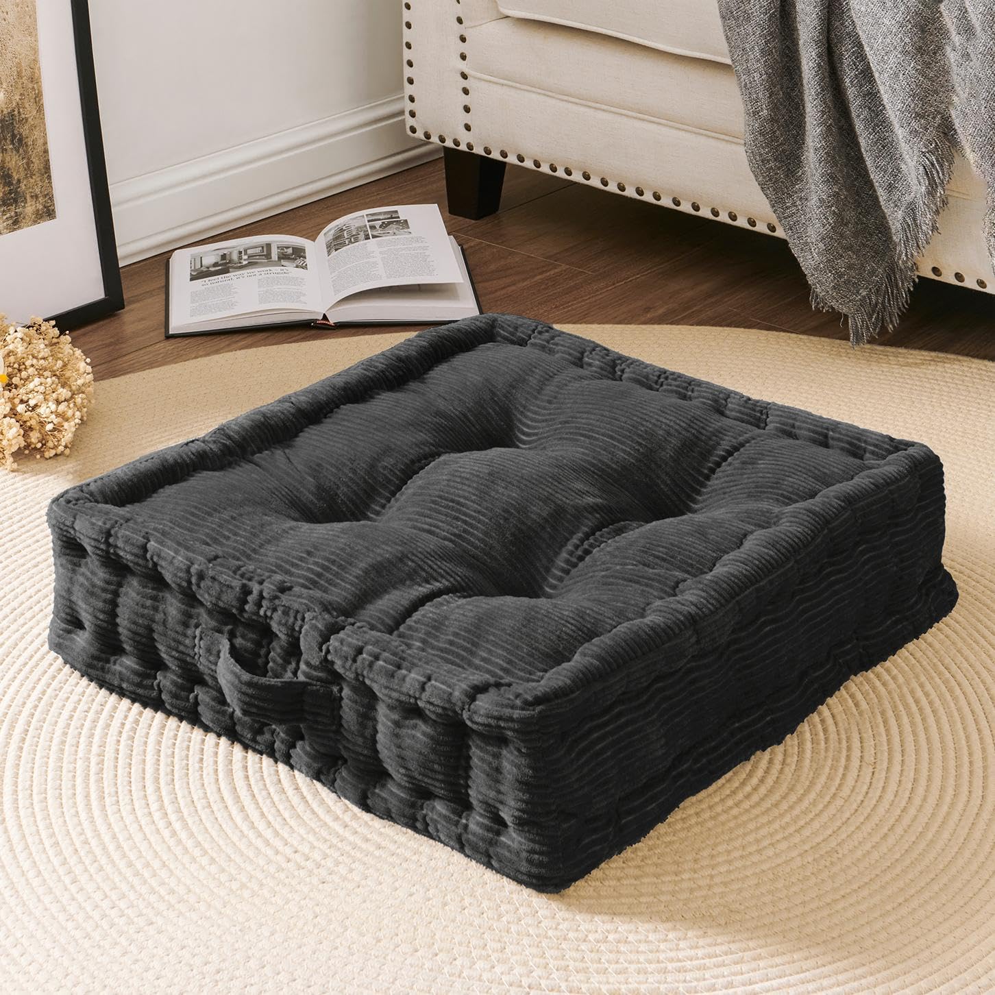 Wellsin Square Floor Pillows For Adults Kids - Meditation Floor Pillow Seating Cushion - Tufted Floor Cushion With Shredded Memo