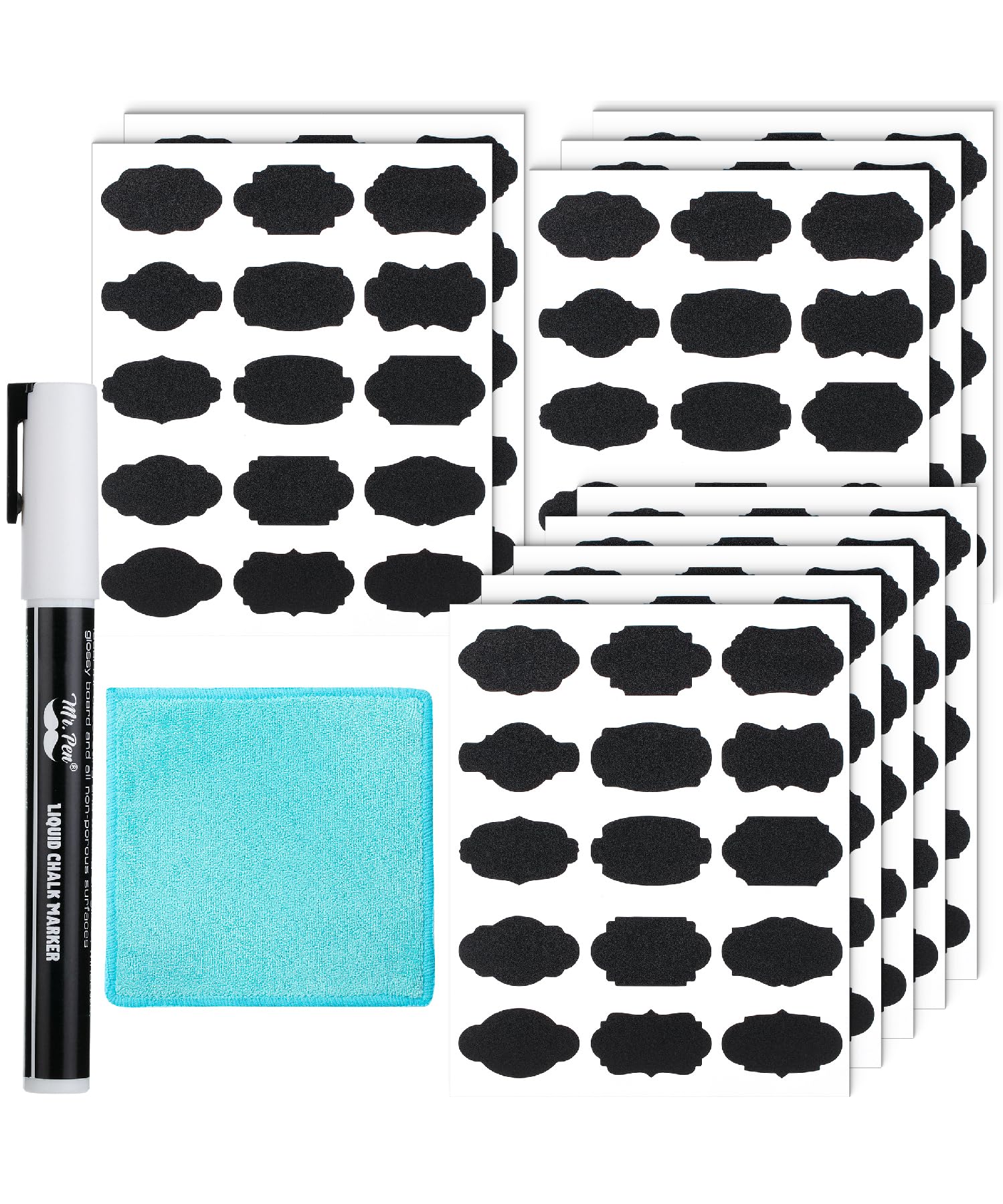 Mr. Pen- Chalkboard Labels, 150Pcs, Assorted Shapes, White Chalk Marker & Small Towel, Sticker Labels For Storage, Bottle & Food