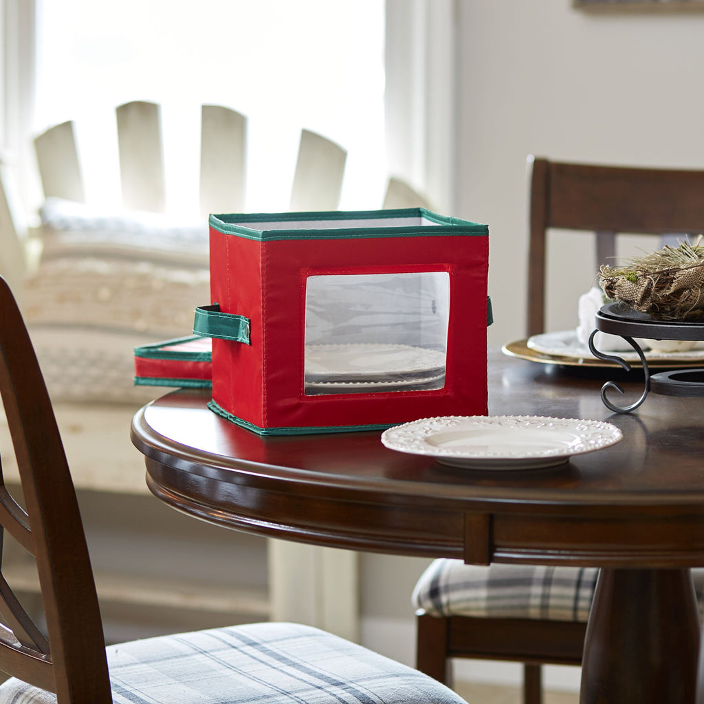 Household Essentials 534Red Holiday China Dinnerware Storage For Salad Plates Or Bowls | Removable Lid | Red Canvas With Green T