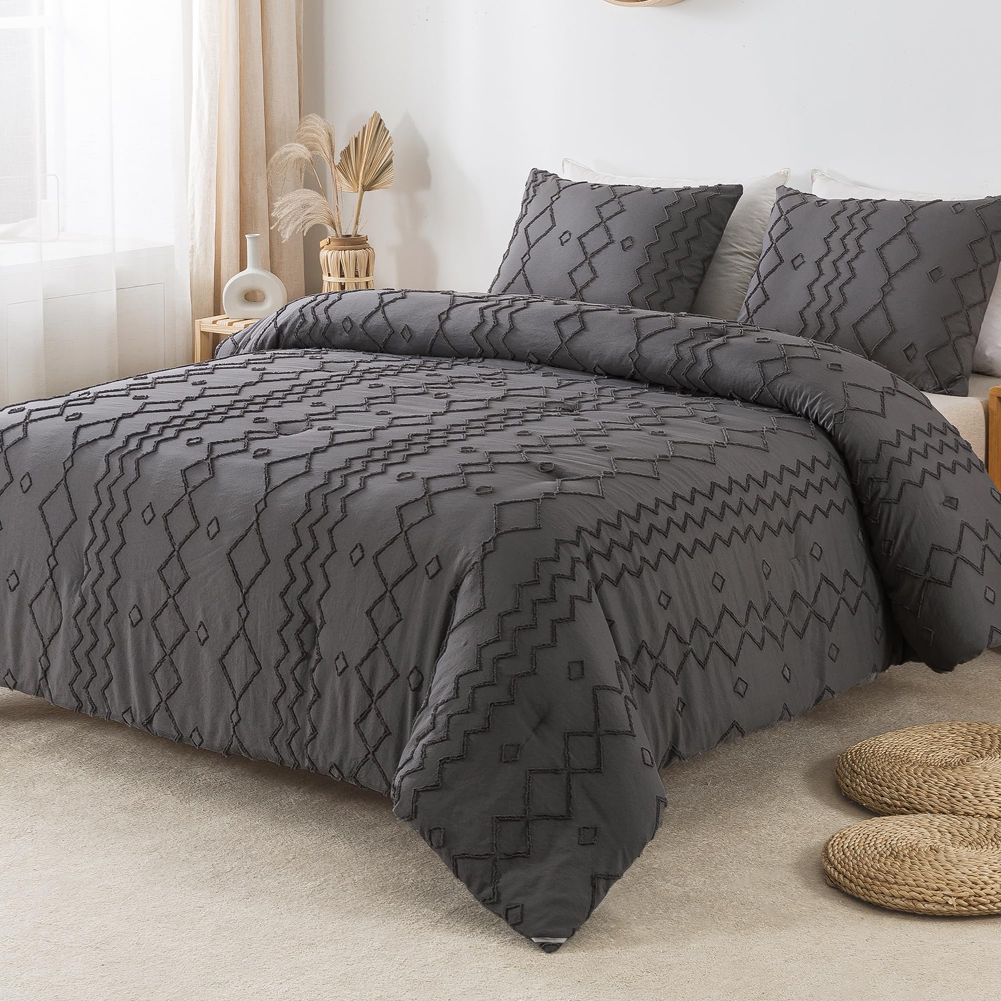 Andency Dark Gray Tufted Comforter Set Full(79X90Inch), 3 Pieces(1 Tufts Comforter, 2 Pillowcases) Boho Textured Farmhouse Comforter, Microfiber Down Alternative Geometric Comforter Bedding Set