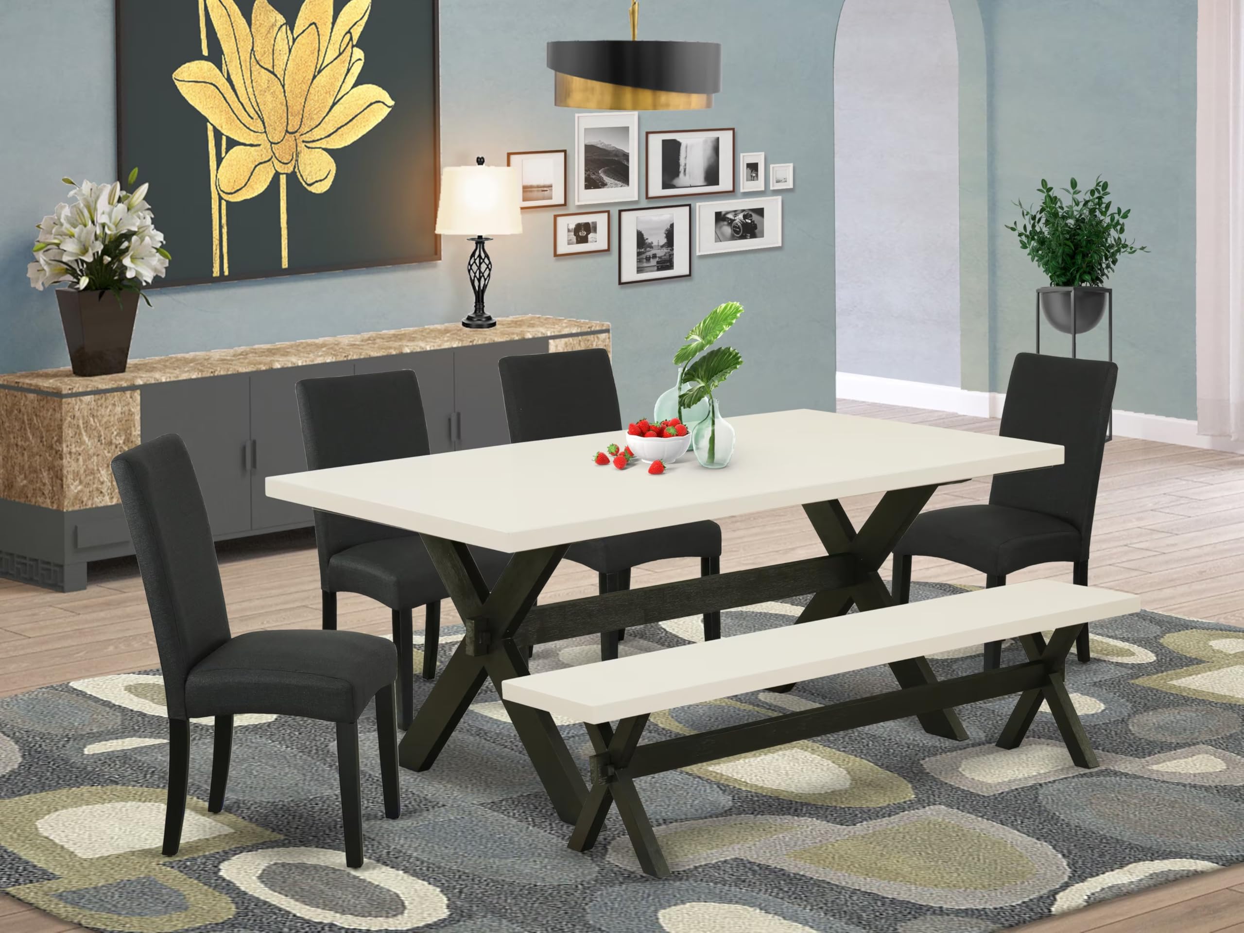 East West Furniture X627Dr124-6 6 Piece Dining Table Set Contains A Rectangle Wooden Table With X-Legs And 4 Black Color Linen Fabric Parson Chairs With A Bench, 40X72 Inch, Multi-Color
