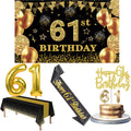 61st Birthday Decorations Men Women with 61st Birthday Banner, Black and Gold Table Cloth, Number Balloons, Large Sash, Cake Top
