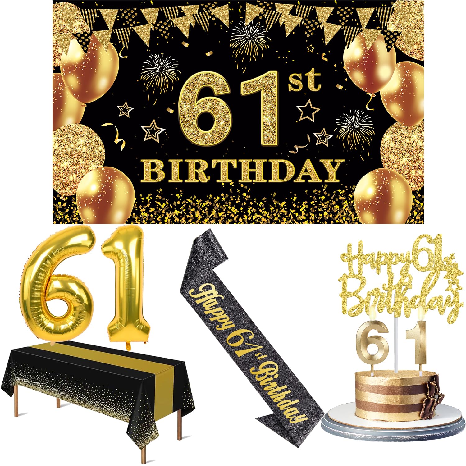 61st Birthday Decorations Men Women with 61st Birthday Banner, Black and Gold Table Cloth, Number Balloons, Large Sash, Cake Top