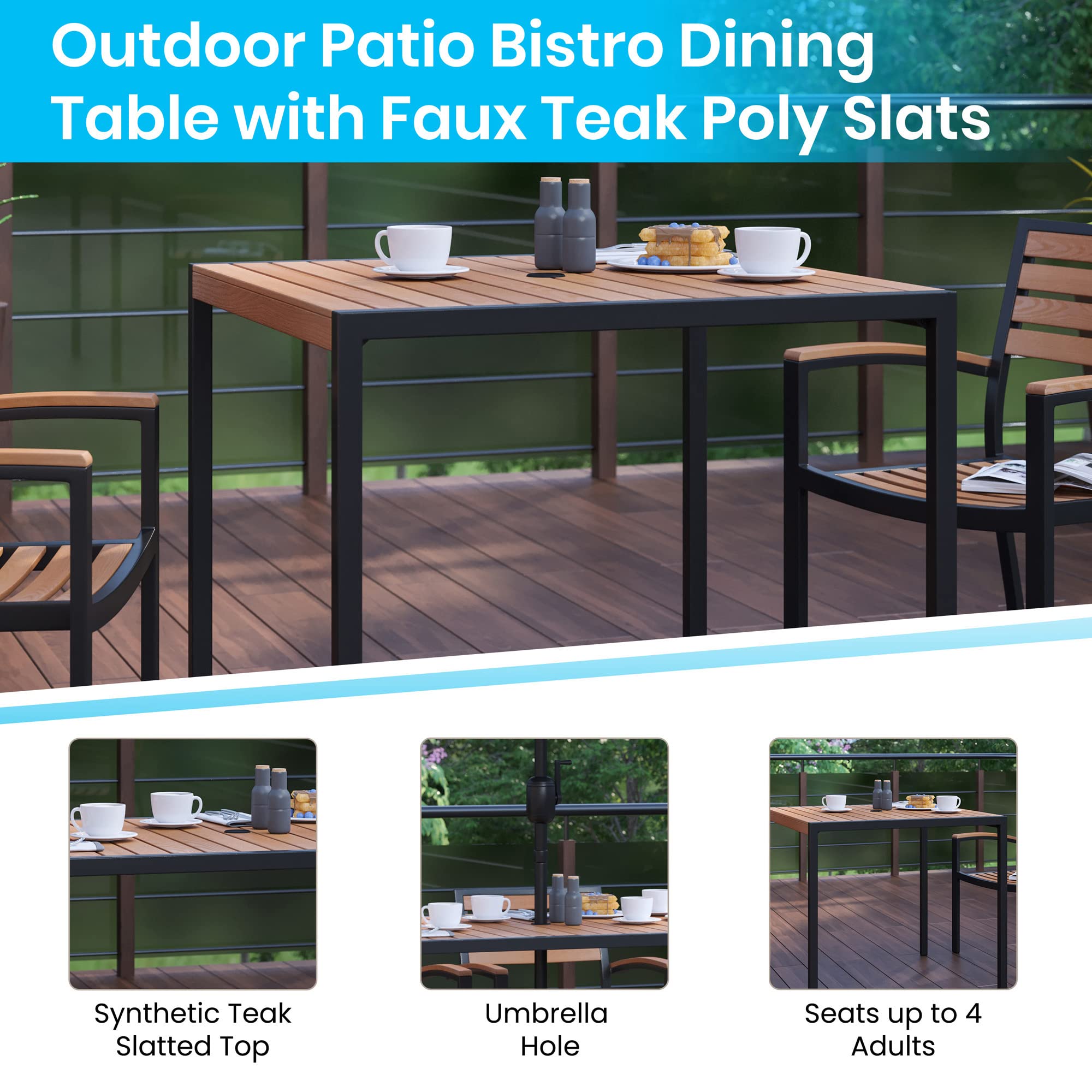 Flash Furniture Lark 5 Piece Patio Table Set - 2 Synthetic Stackable Faux Teak Chairs - 35" Square Faux Teak Table - Tan Umbrella with Base
