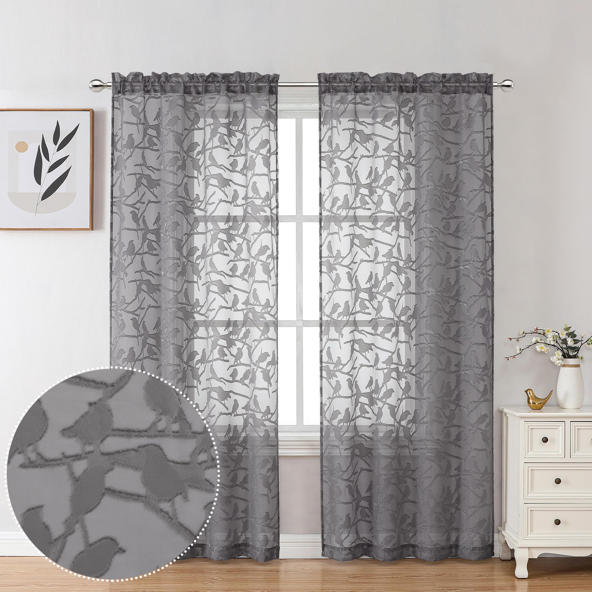 Ovzme Anji 2 Panels Charcoal Grey Voile Birds Sheer Curtains 72 Inch Length For Bedroom, Dual Rod Pocket Lightweight & Breathabl
