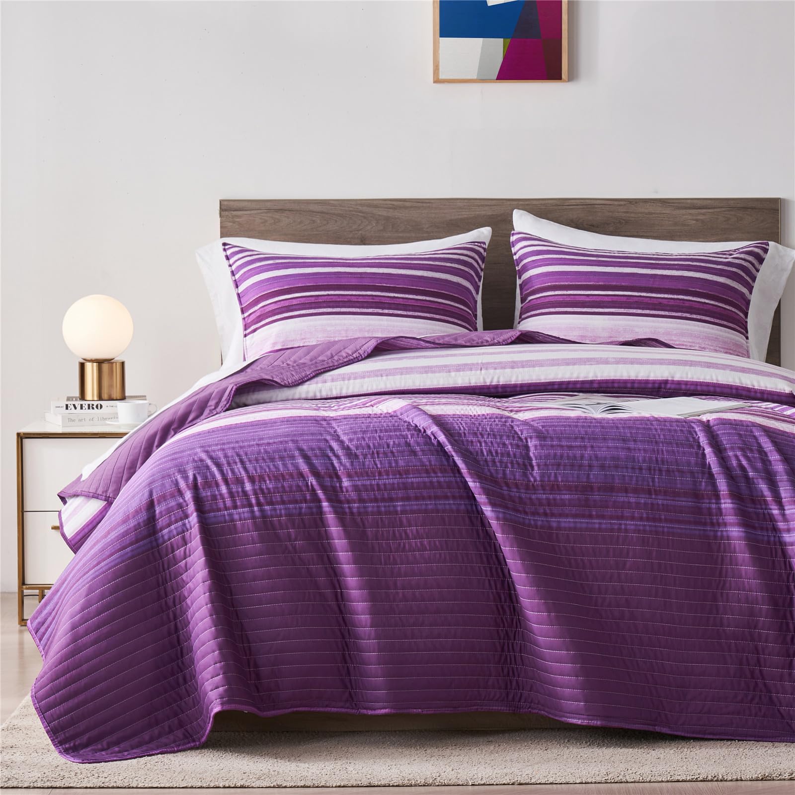 Kakijumn Full/Queen Quilt Bedding Set, White And Purple Patchwork Striped Quilt Set, 2 Pieces Soft Lightweight Bedspread Coverle