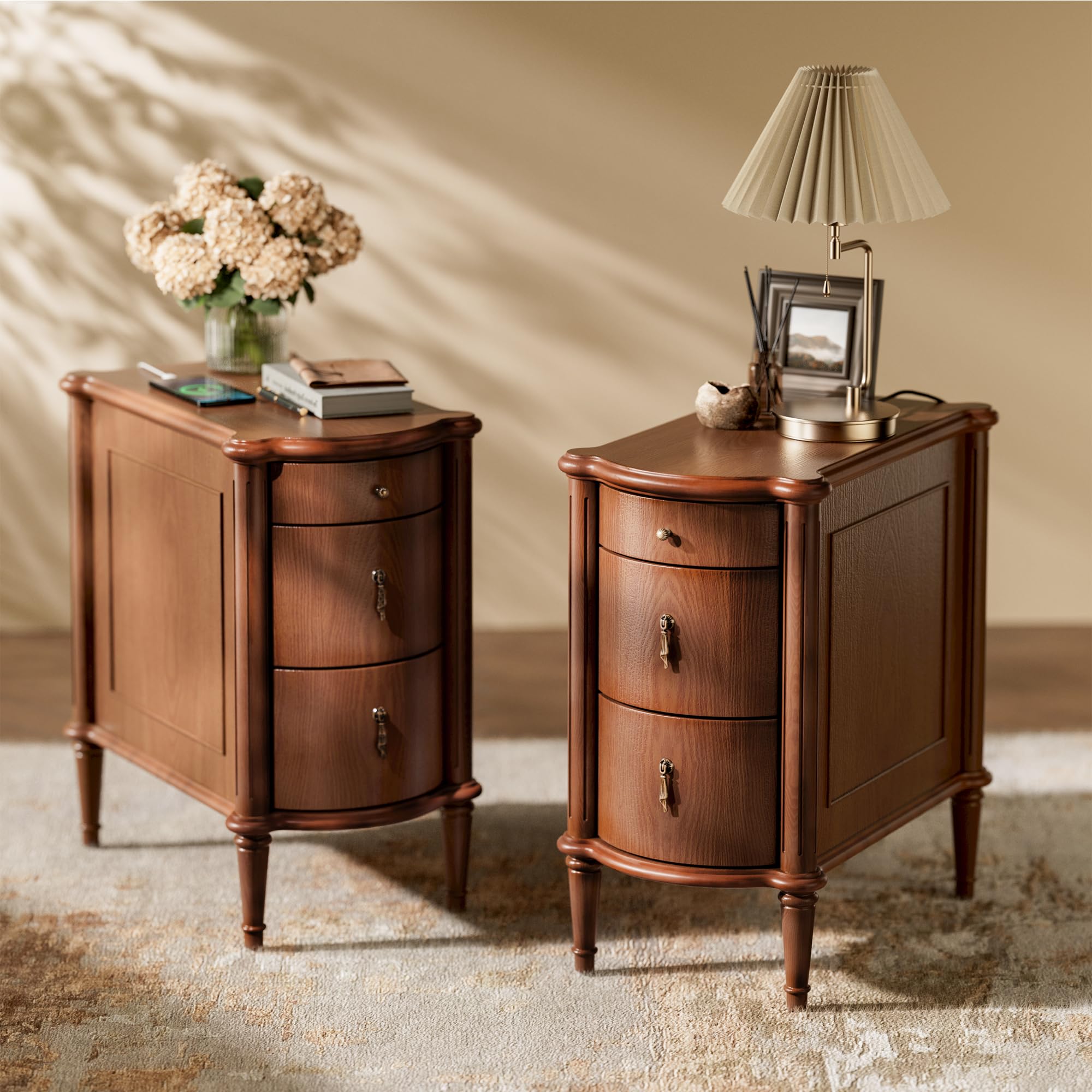 STO SENSE Nightstand Set of 2 w/Charging Station & 3 Drawers, Pre-Assembled, Vintage Side Table w/Antique-Finished Pulls, Rusti