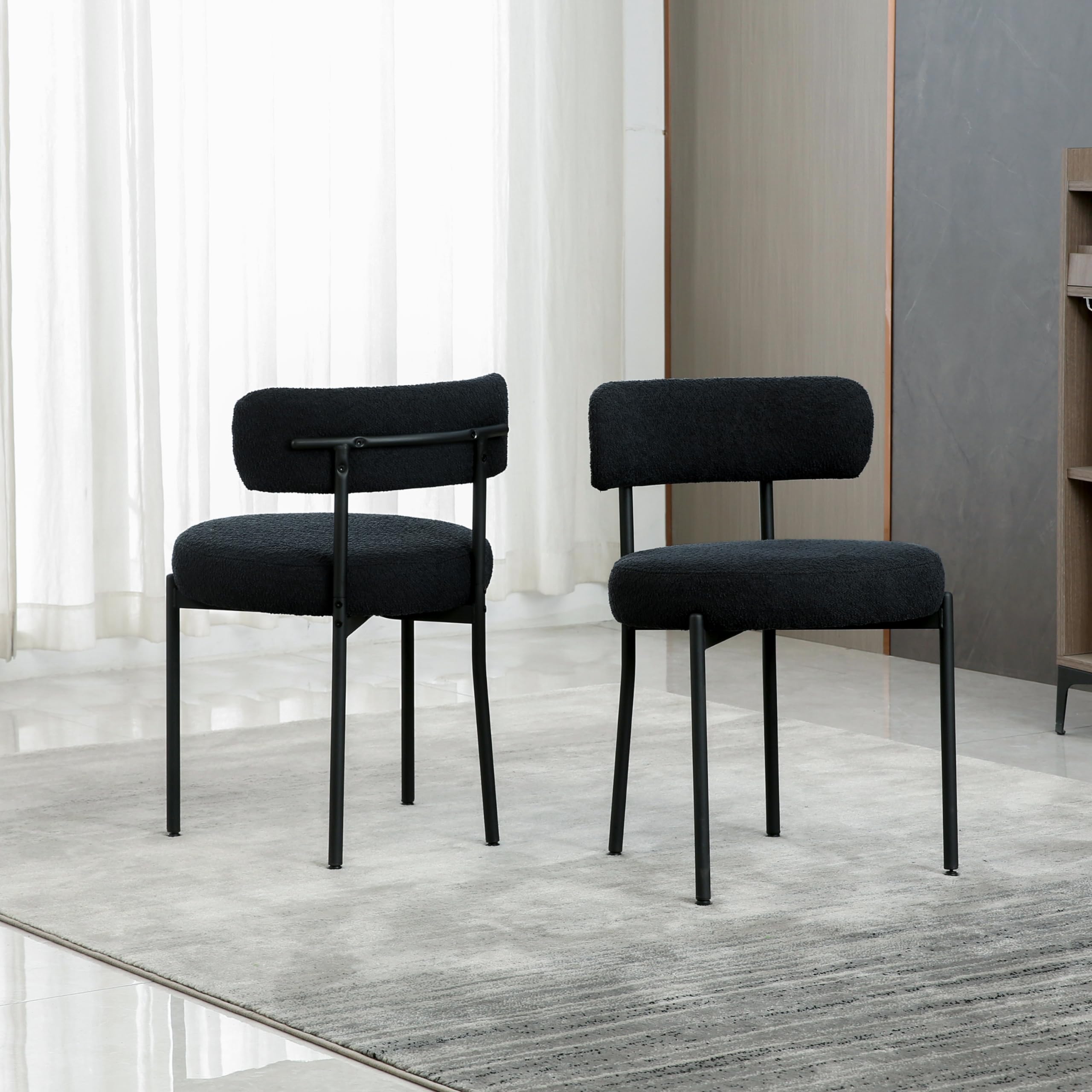 Dyhome Black Boucle Dining Chairs Set Of 2, Mid Century Modern Kitchen Chairs With Curved Backrest And Metal Legs, Upholstered D