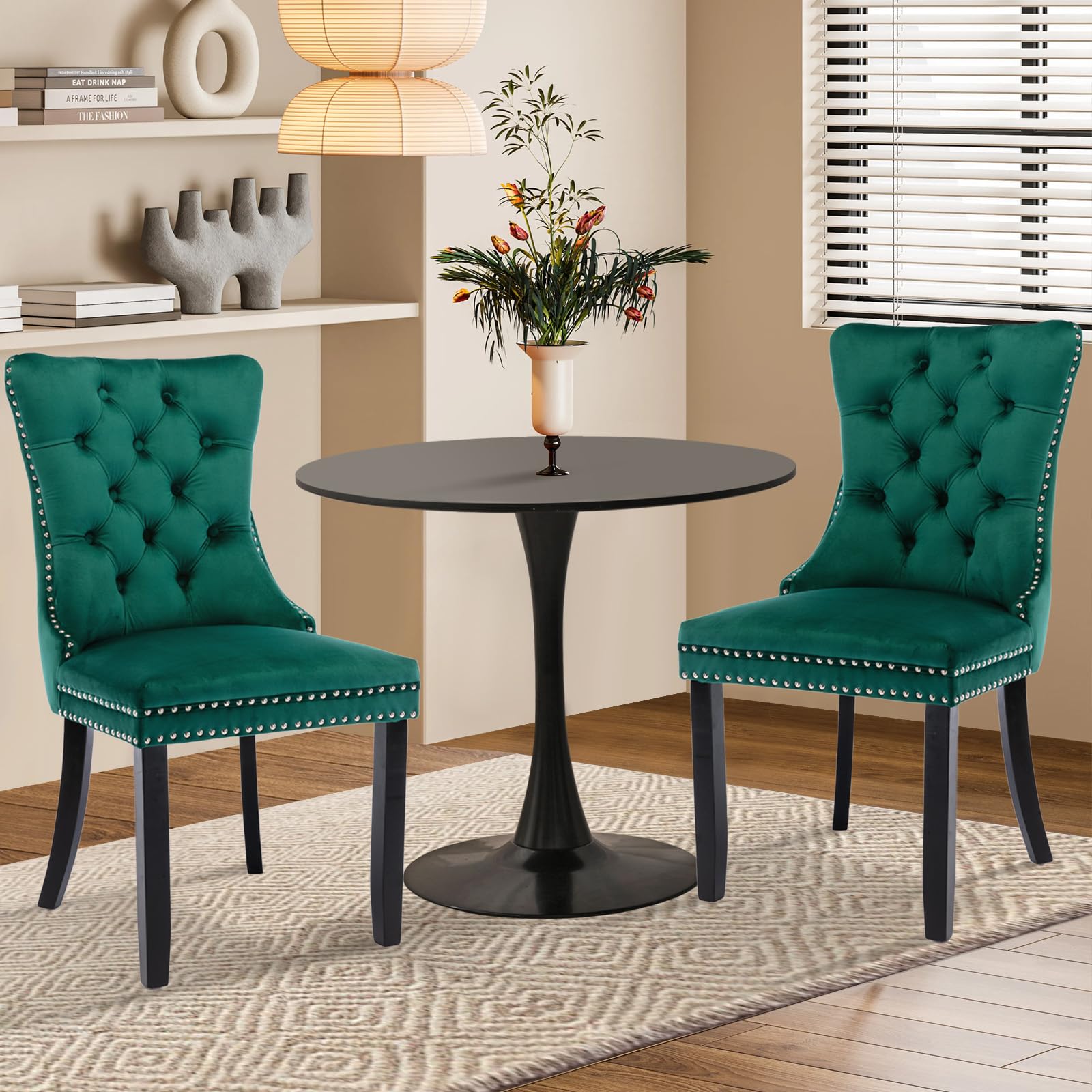 Soartalent 3-Piece 31.5' Round Dining Table Set For 2, Black Table & Green Velvet Upholstered Dining Chairs