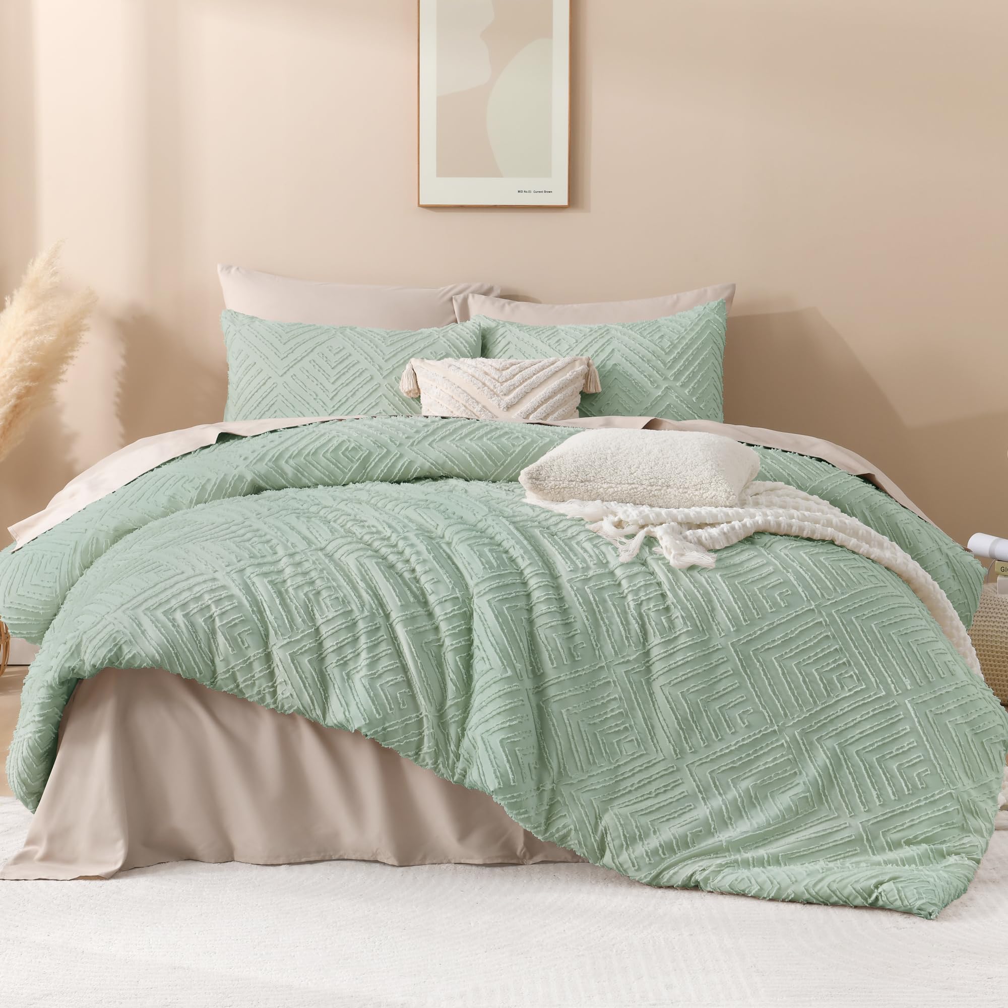 Andency Sage Green California King Comforter Set, 3 Pieces Boho Cal King Summer Bed Comforter, Oversized Soft Lightweight Down Alternative Bedding Set With Tufted Design(104X96In, 2 Pillowcases)