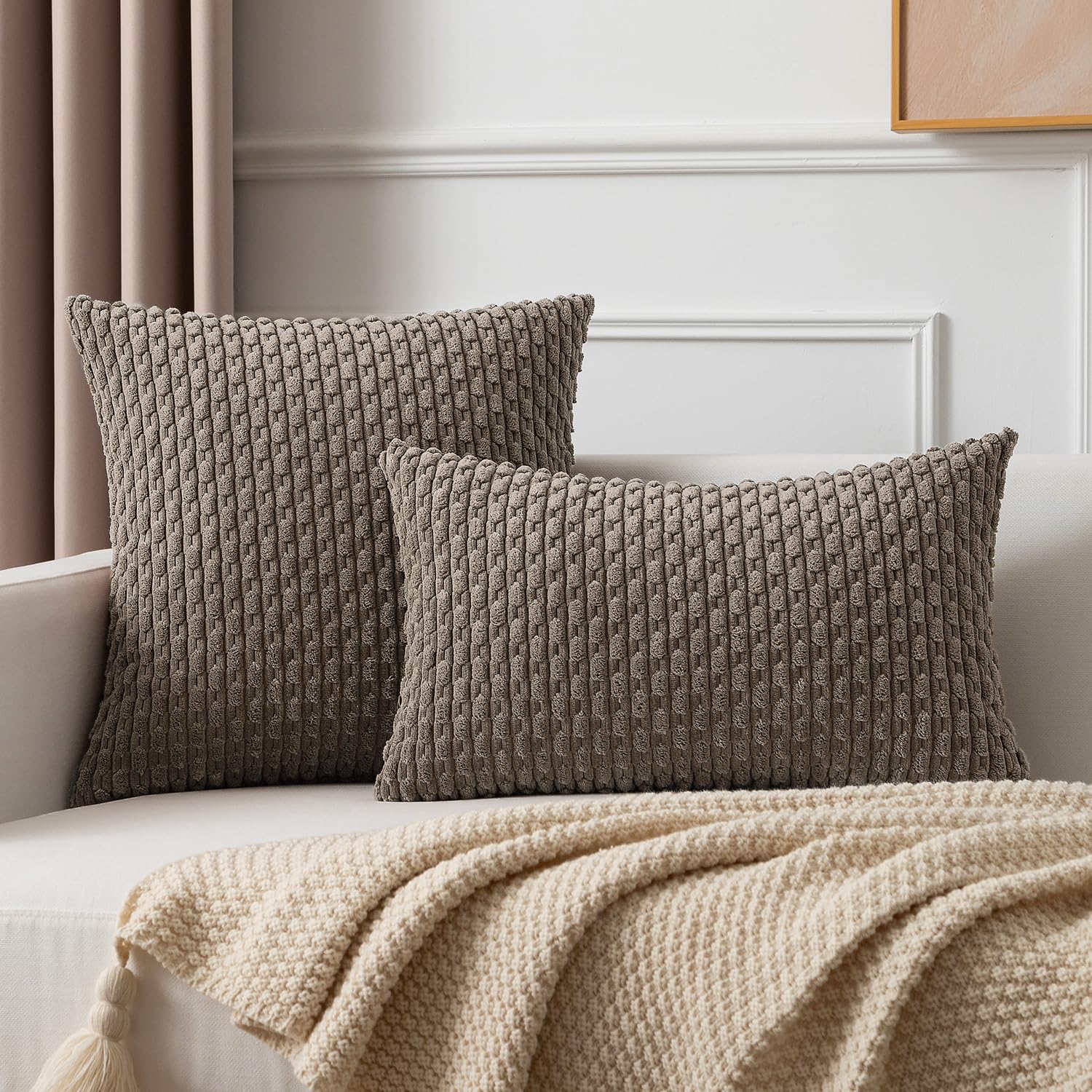 Kevin Textile Pack Of 2 Corduroy Decorative Throw Pillow Covers 18X18 Inch Soft Boho Striped Pillow Covers Modern Farmhouse Home Decor For Spring Sofa Living Room Couch Bed Light Brown