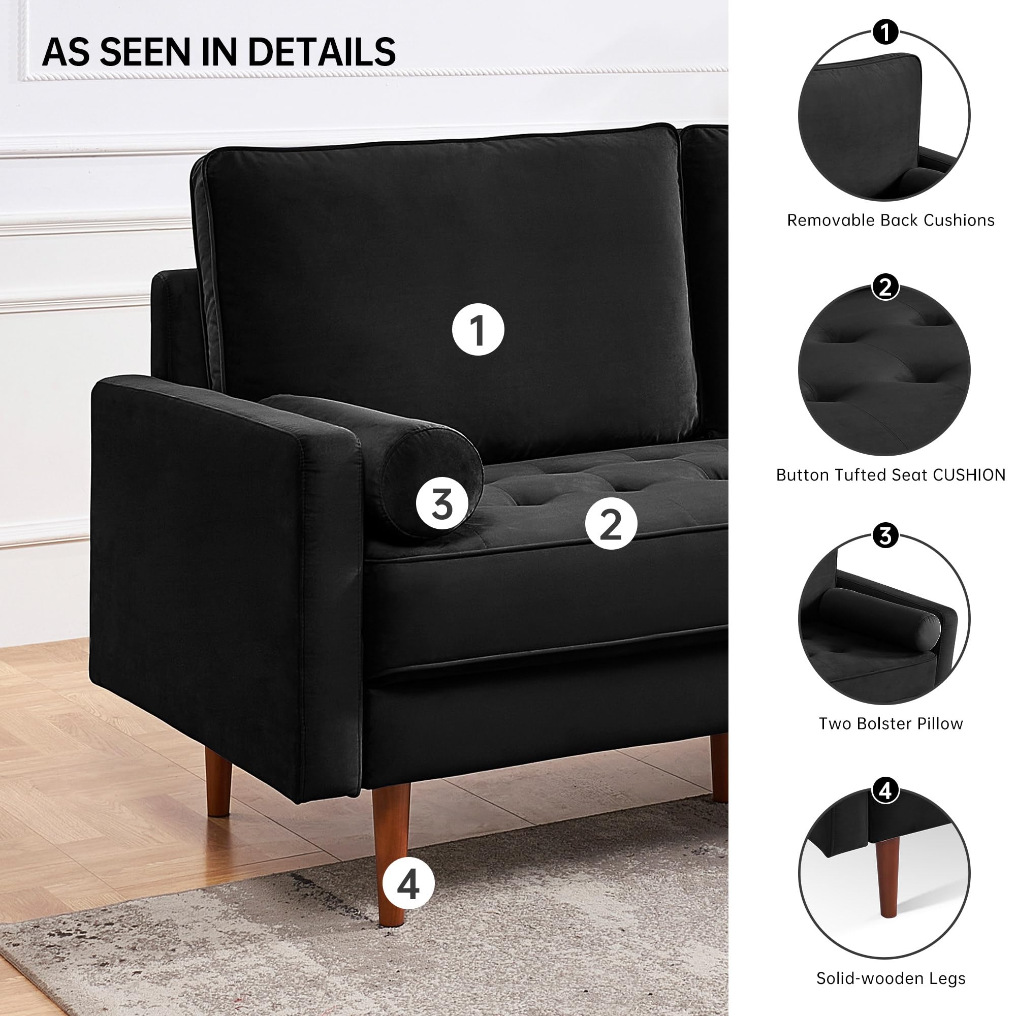 American Furniture Classics Black 69 Inch Wide Upholstered Two Cushion Sofa with Bolster Pillows Velvet, 69" x 32" x 37"