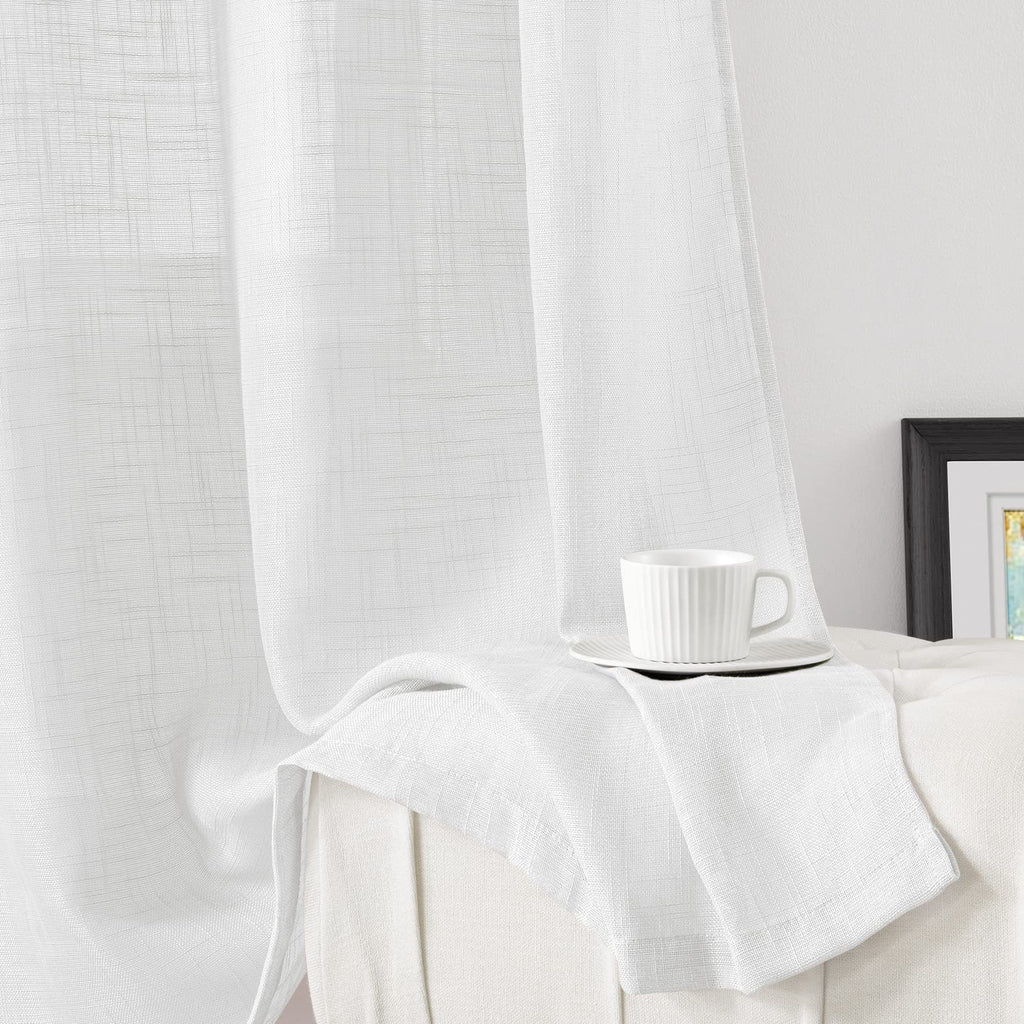 Homeideas White Linen Sheer Curtains 63 Inches Long 2 Panels Textured Semi Sheer Curtains Farmhouse Curtains Sheer Privacy Windo