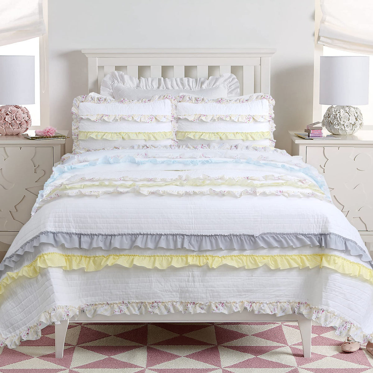 Cozy Line Home Fashions Light Yellow Blue Ruffle Stripe Floral 100% Cotton Reversible Girl Quilt Bedding Set, Reversible Coverle