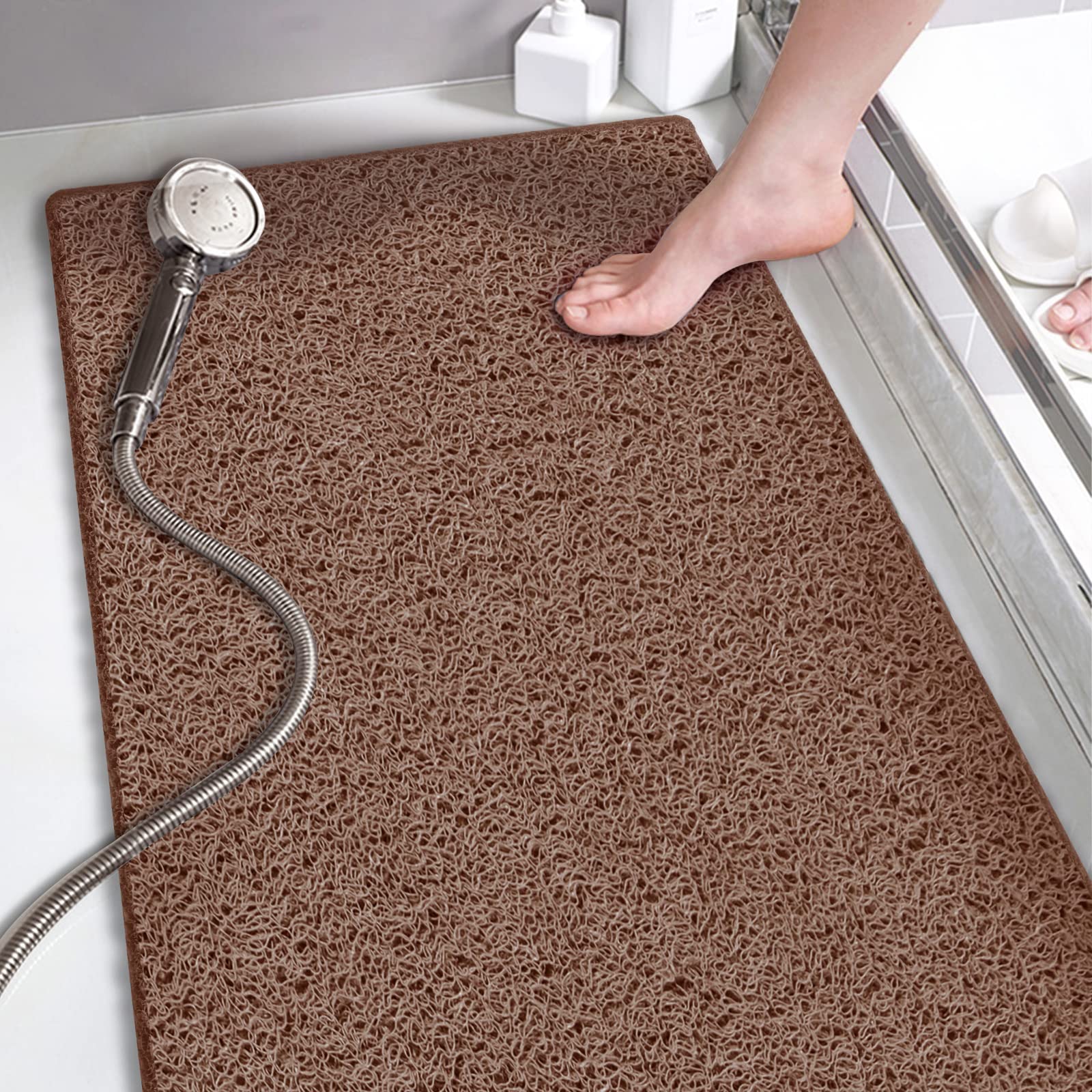 Non Slip Bathtub Mat, 15.7   36 Inch, Bath Mat for Textured Tub Surface, Loofah Mats for Shower and Bathroom, Quick Drying, Brow