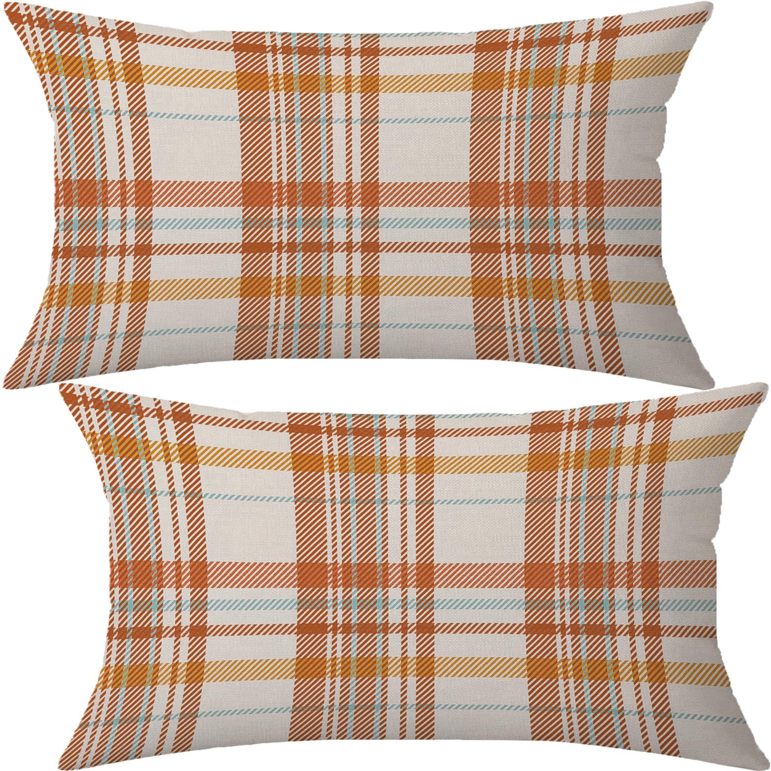 Aofanggo Fall Pillow Covers 12X20 Set Of 2 Autumn Decorative Throw Pillow Cases Orange Blue Plaids Cushion Covers Faux Linen,Far
