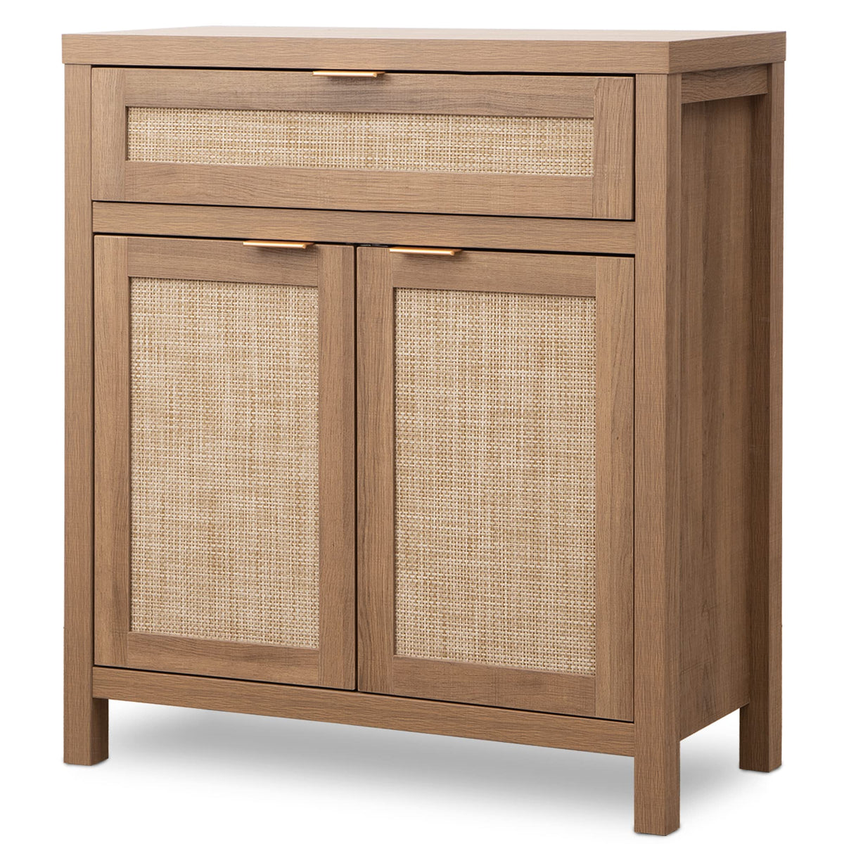 Sicotas Buffet Cabinet Sideboard With Storage, Rattan Accent Cabinet With Doors Drawer, Boho Credenzas Farmhouse Console Coffee Bar Cabinet For Entryway Living Dining Room, Natural Oak