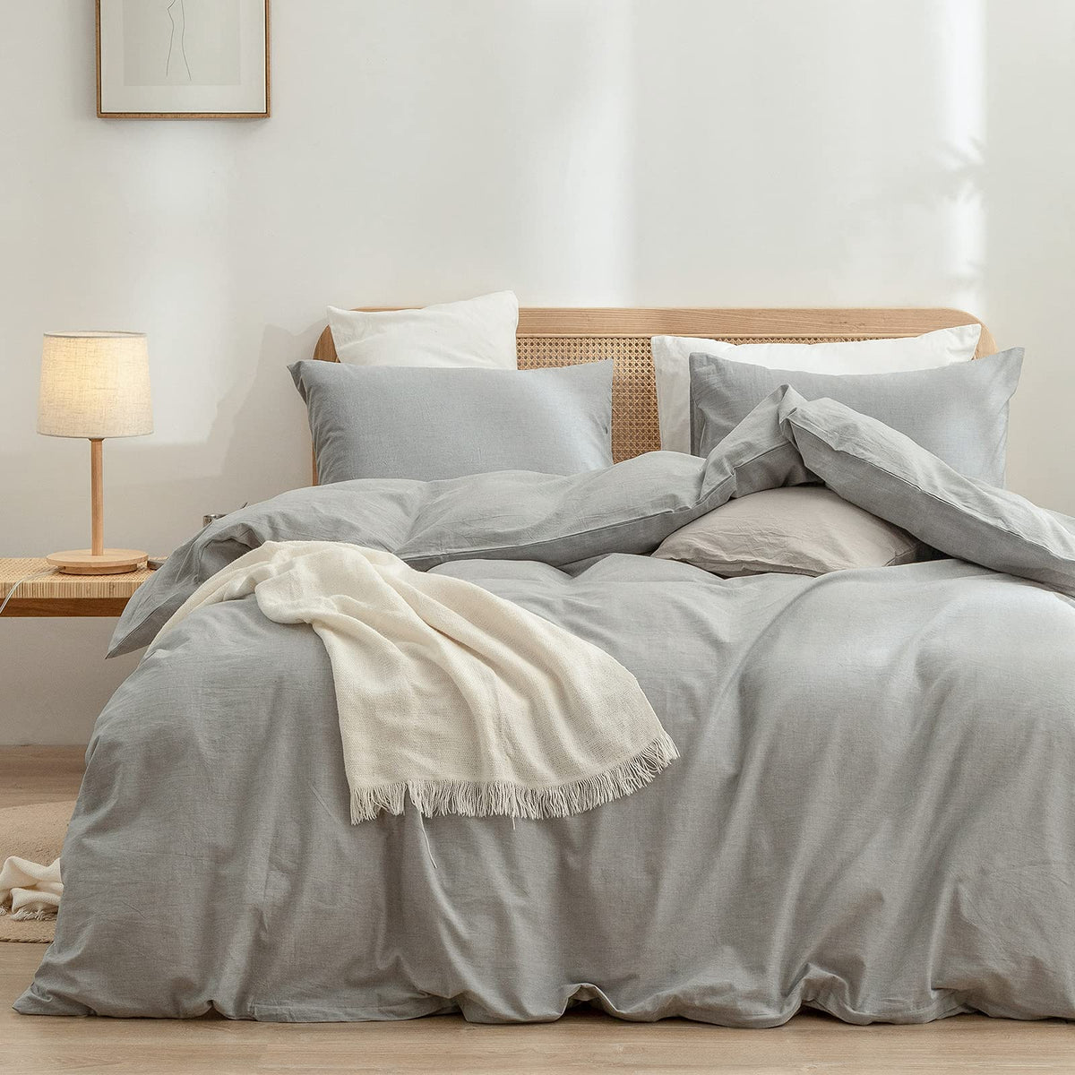 Bestouch Duvet Cover Set 100% Washed Cotton Linen Feel Super Soft Comfortable Chic Lightweight 3 Pcs Home Bedding Set Solid Ligh