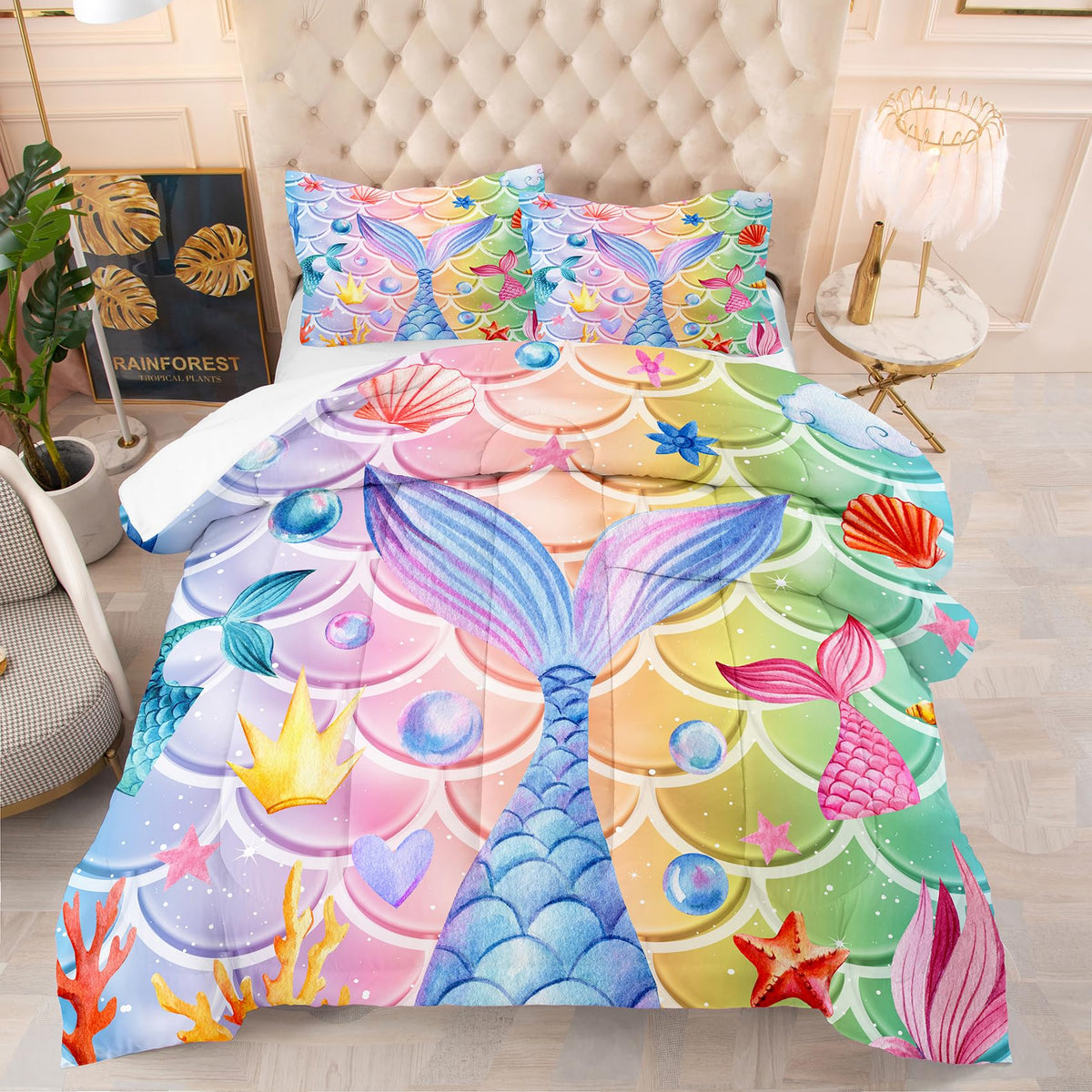 Ninenine Mermaid Tail Bedding Sets,Mermaid Comforter Rainbow Bedding,Twin Comforter Sets For Girls,Blue Glitter Comforter Sets W