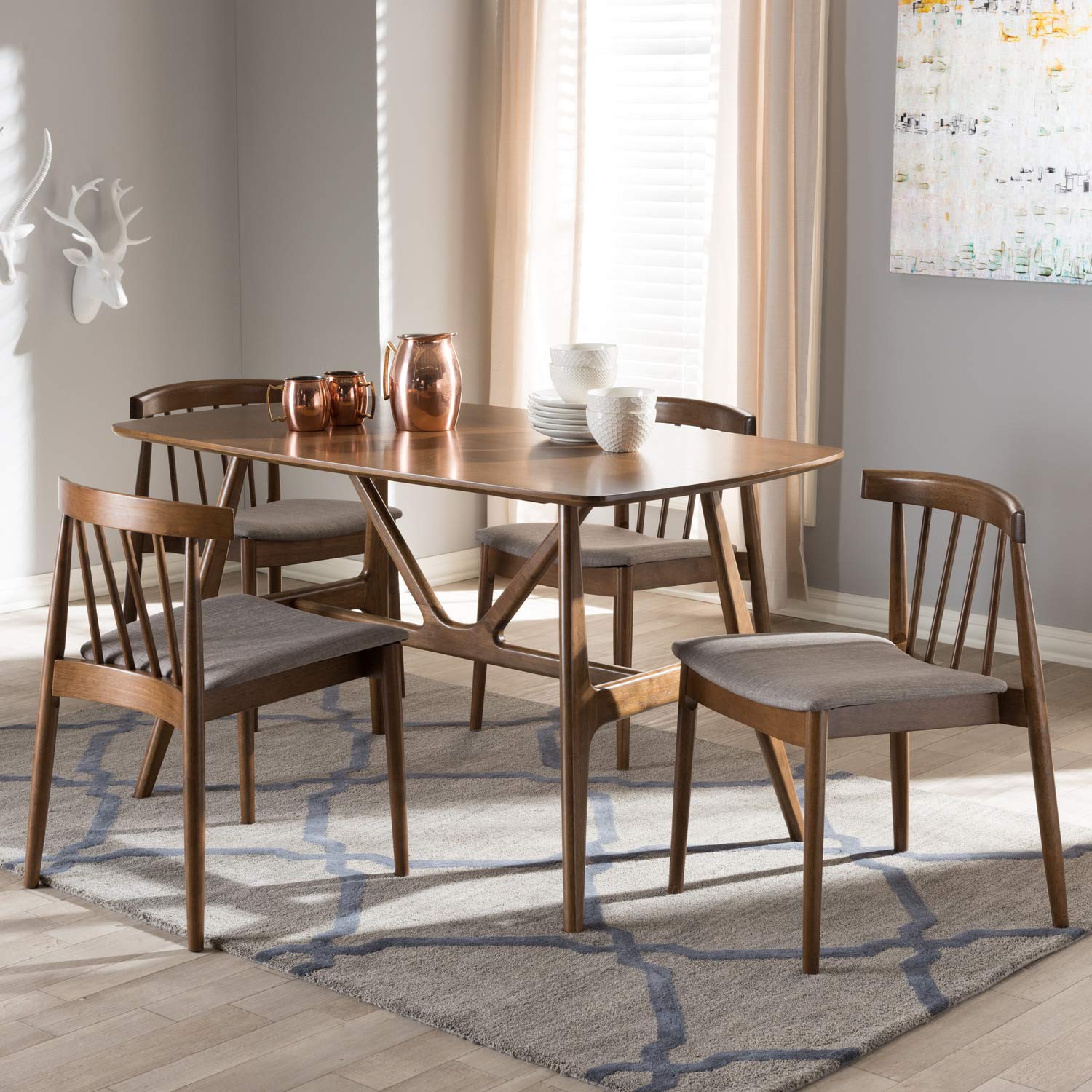 Baxton Studio Wyatt 5 Piece Dining Set in Beige and Walnut Brown