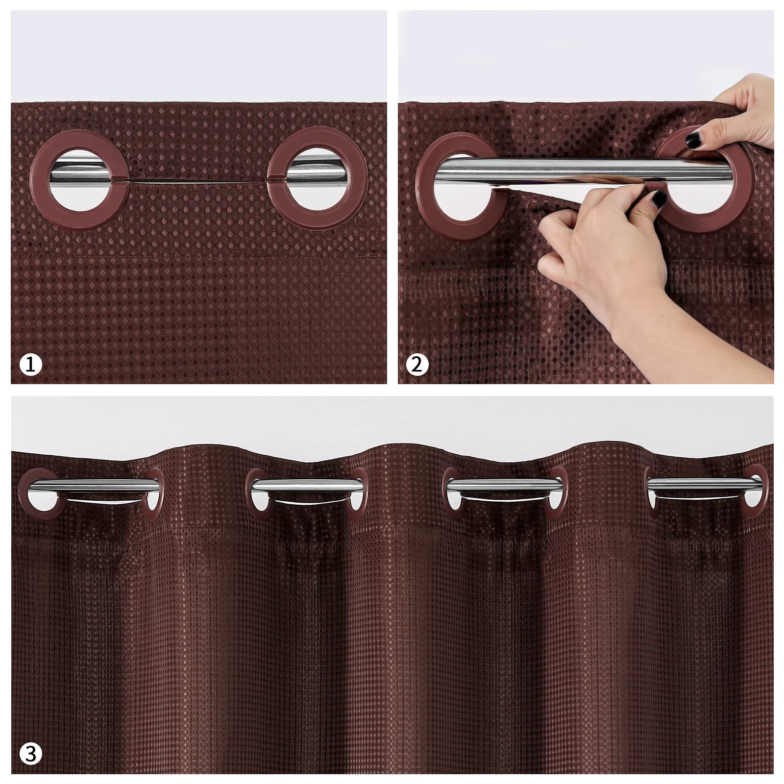 Mitovilla No Hooks Need Brown Waffle Shower Curtain With Snap-In Liner, Modern Waffle Weave Fabric Shower Curtains For Luxury Ho