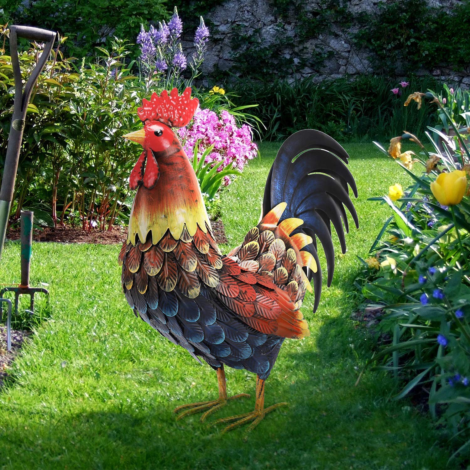 Chisheen Rooster Decor Garden Statue Metal Chicken Yard Art Sculpture Outdoor Figurines