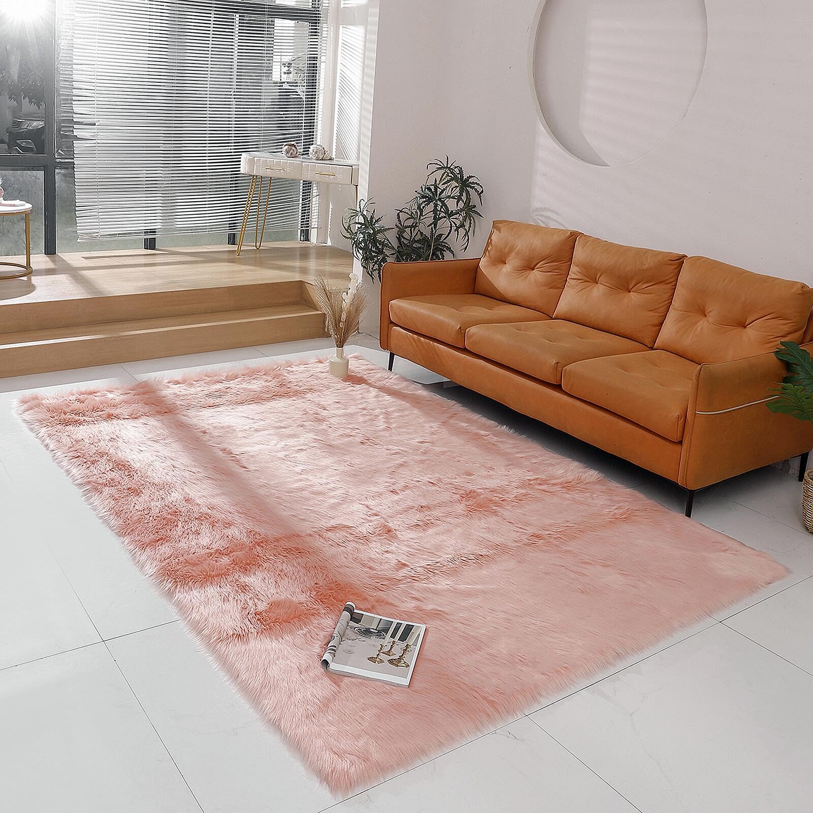 linmopm Faux Fur Rug Sheepskin Shag Fluffy Fuzzy 6x9 ft Pink Rugs for Bedroom Bedside Bed Floor Living Room Plush Rectangle High