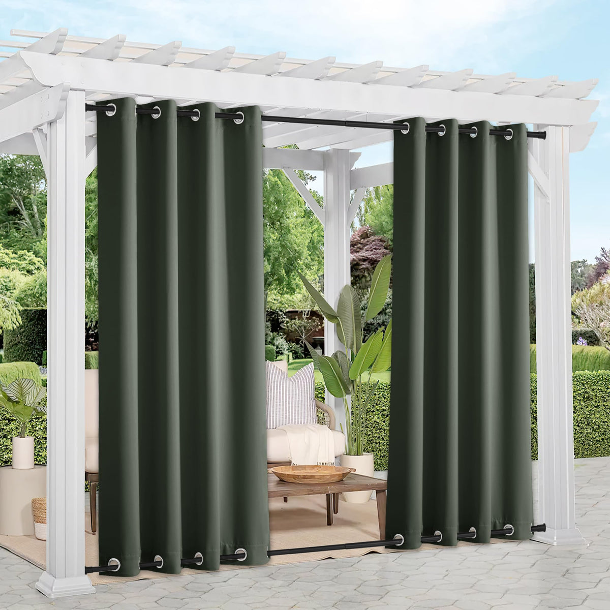 Nicetown 2 Panels Greyish Green Blackout Bottom Weighted Outdoor Curtains For Patio, Top And Bottom Rustproof Grommet Windproof