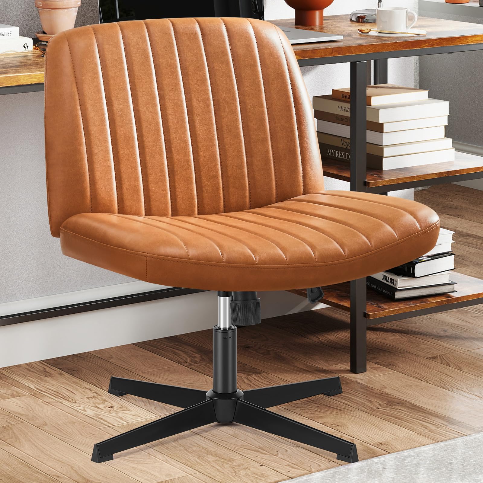 Sweetcrispy Criss Cross Chair Legged, Armless Office Swivel Desk Chair No Wheels, Vanity Height Adjustable Wide Seat Faux Leathe