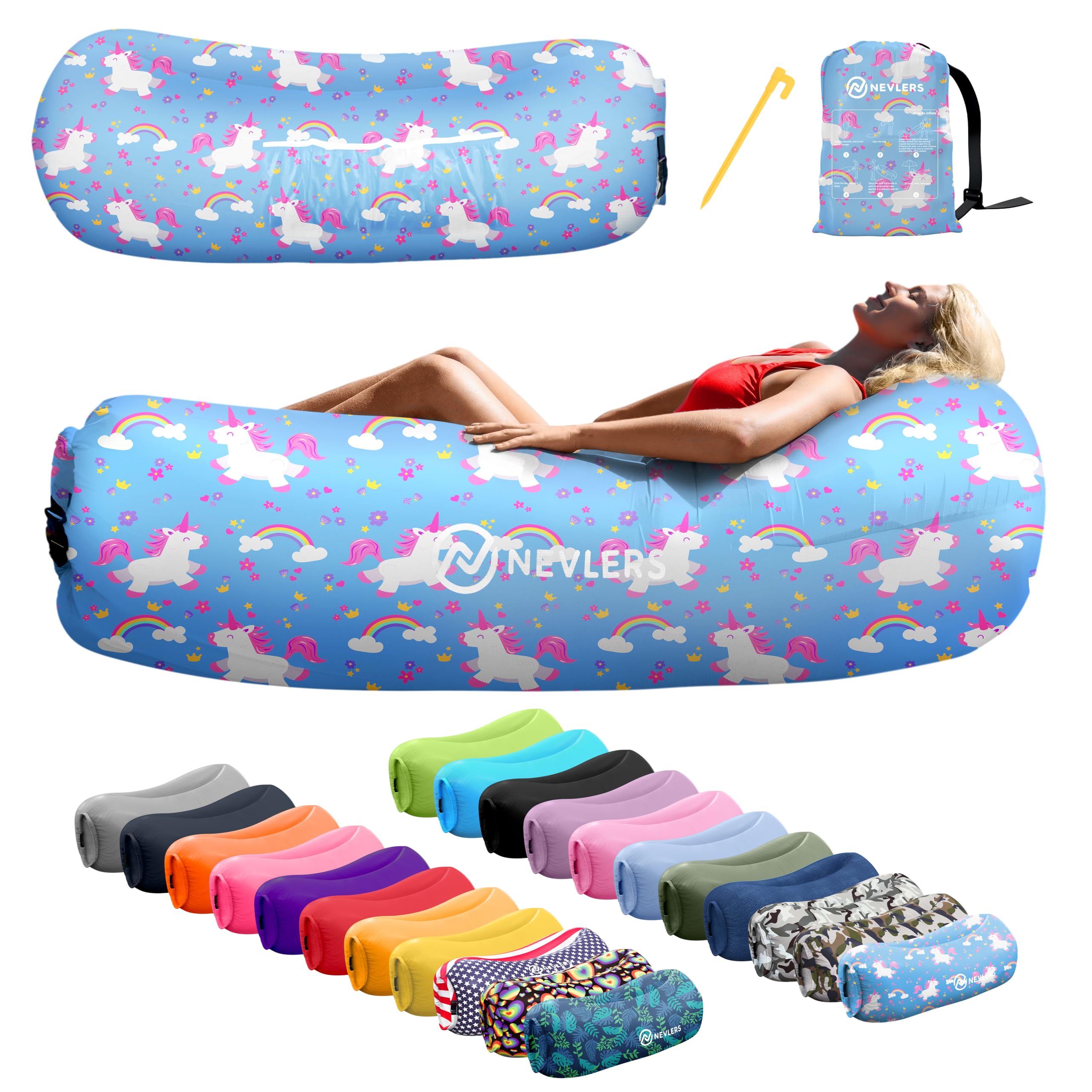 Nevlers Inflatable Lounger - Unicorn | 210T Polyester No-Pump Blow Up Couch Air Lounger | Portable Inflatable Couch for Camping,