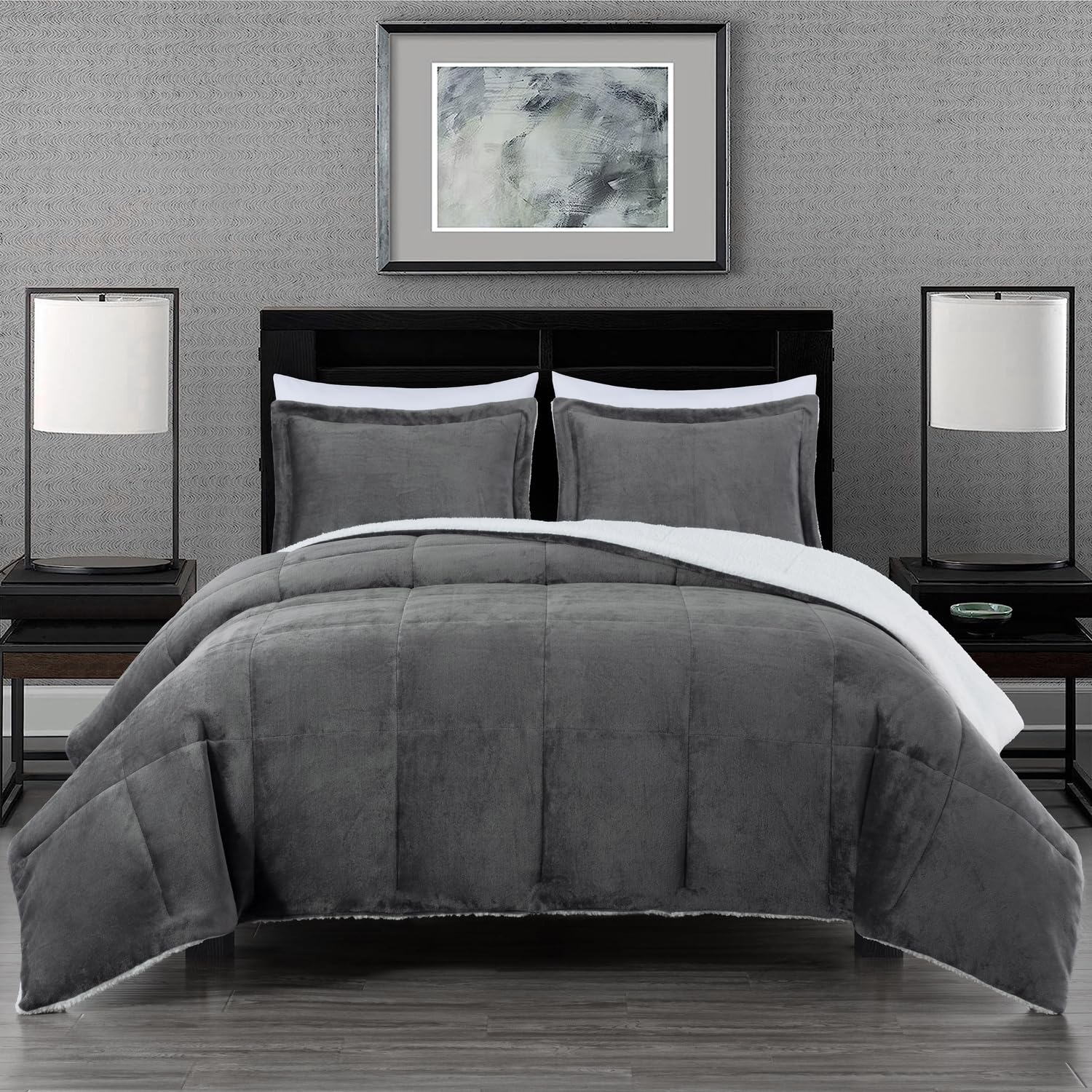 Chezmoi Collection 3-Piece Micromink Sherpa Reversible Down Alternative Comforter Set (King, Gray)