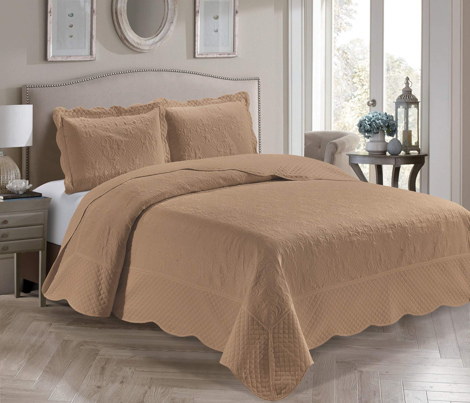 Home Collection 3 Piece Over Size Embossed Solid Color Coverlet Bedspread New # Veronica (Taupe, King/California King)