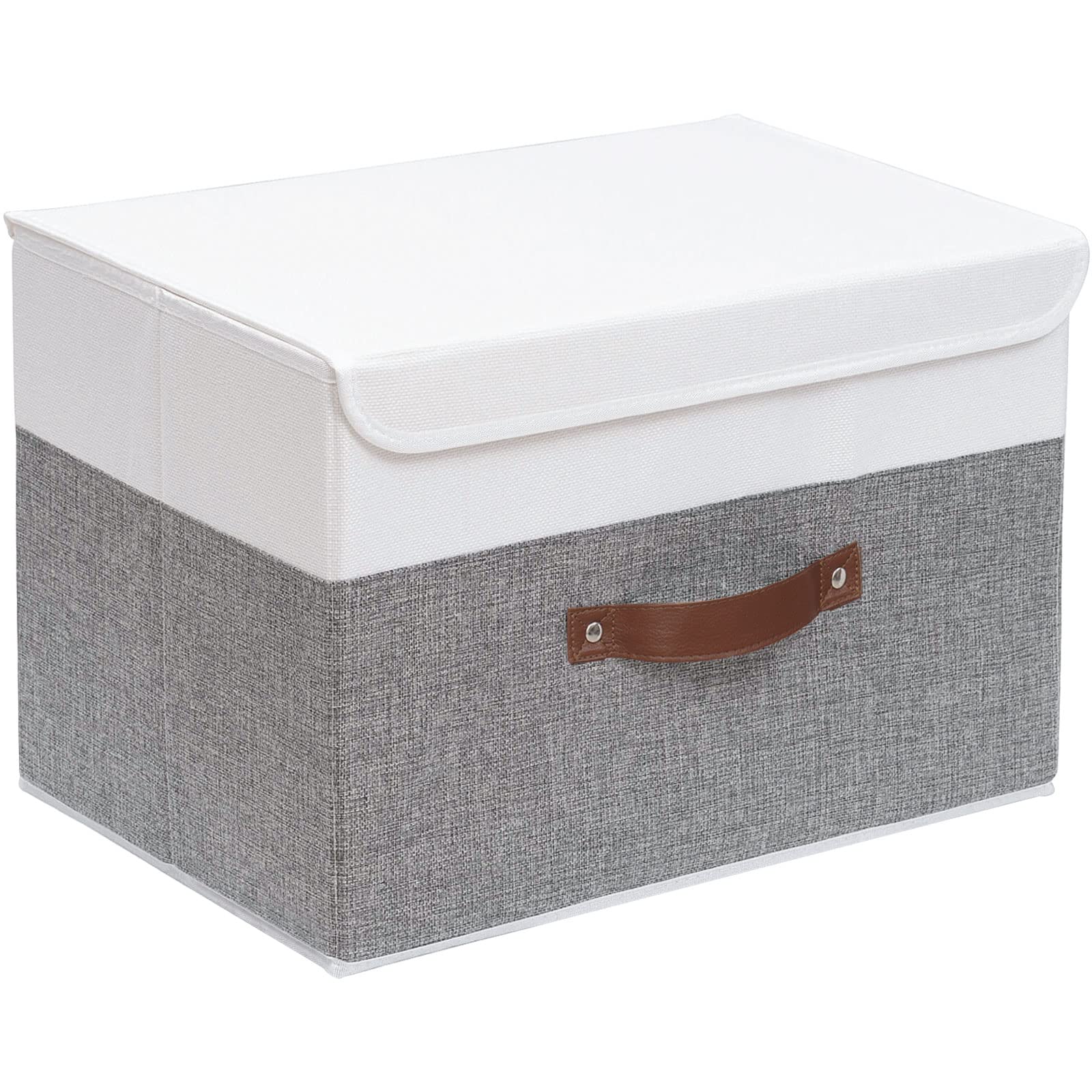 Yawinhe Collapsible Storage Bin, Cube Organizer Basket, Fabric Box with Lids, Washable and Leather Handle, for Home, Closet, Whi