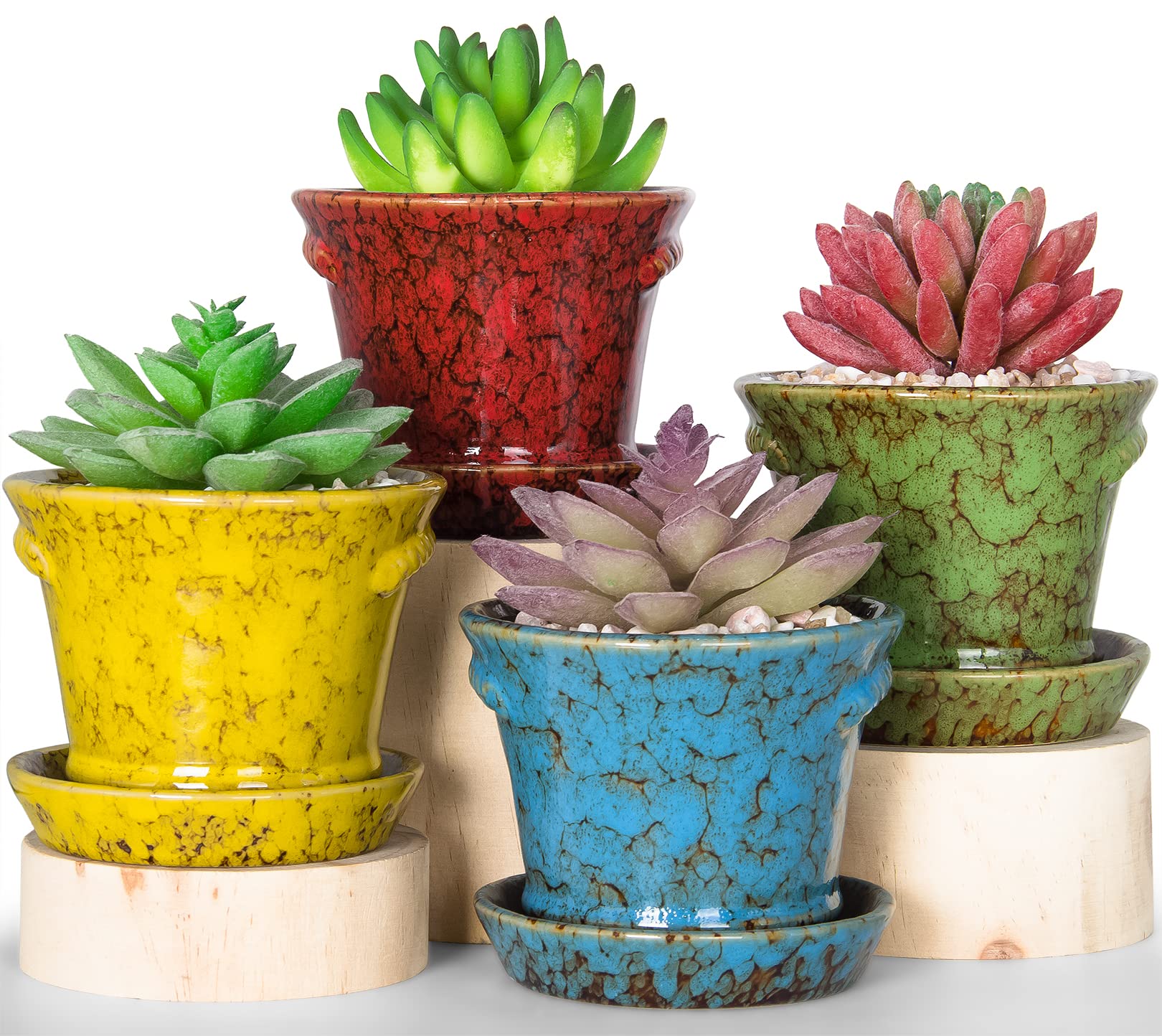 Artketty Succulent Pots With Drainage, 4.2 Inch Ceramic Succulent Planters Pots With Saucer Small Flower Pots For Indoor Plants