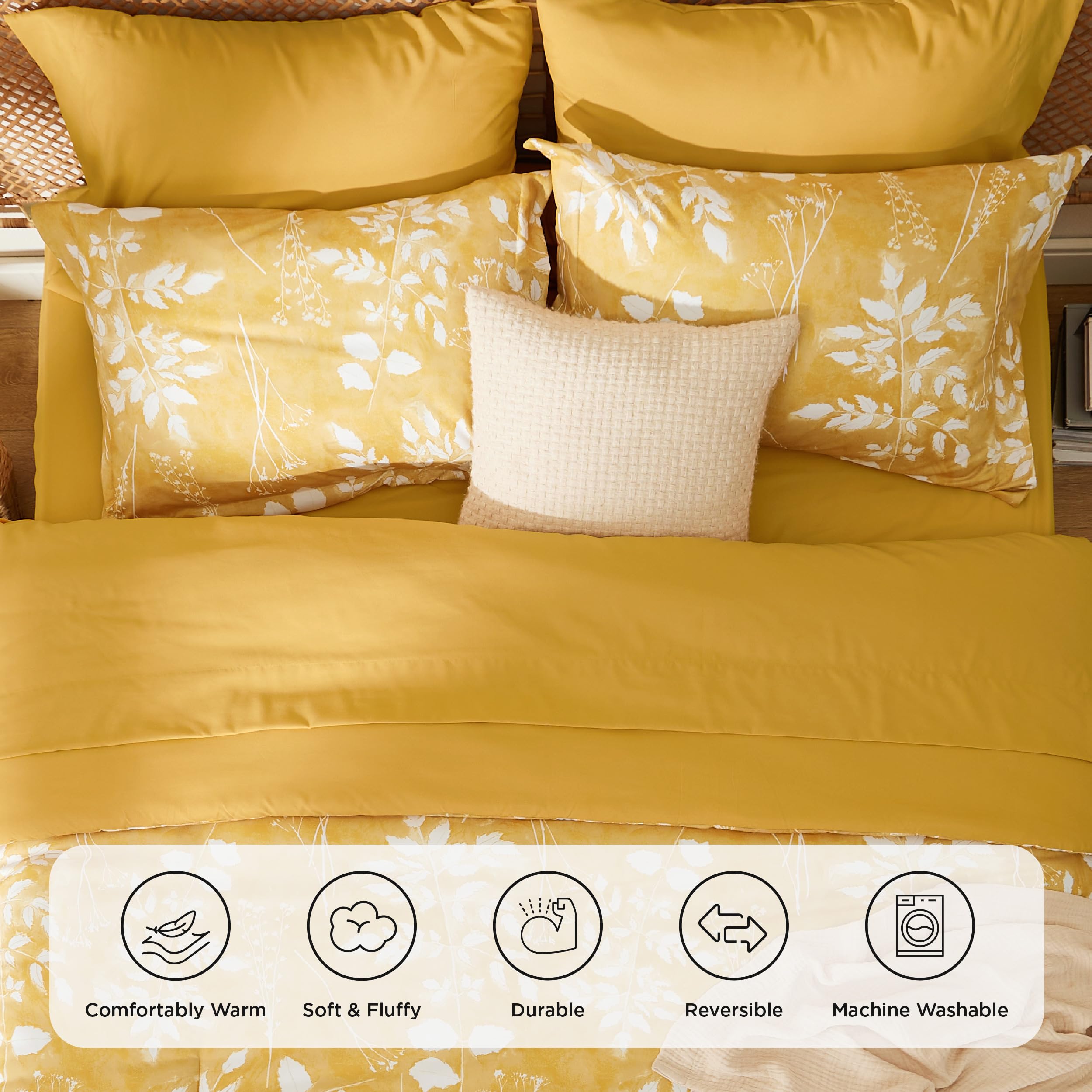 Bedsure Yellow Queen Comforter Set - 7 Pieces Floral Bedding Sets Queen Bed In A Bag With Reversible Botanical Flowers Comforter, Sheets, Pillowcases & Shams