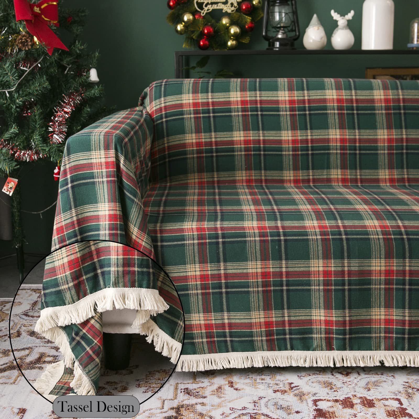 Handontime Christmas Couch Cover Green And Red Plaid Sofa Covers For 3 Cushion Couch Dog Couch Covers With Tassel Farmhouse Couch Protector For Christmas Decorations Sofa Throw Cover, 71'X 118'