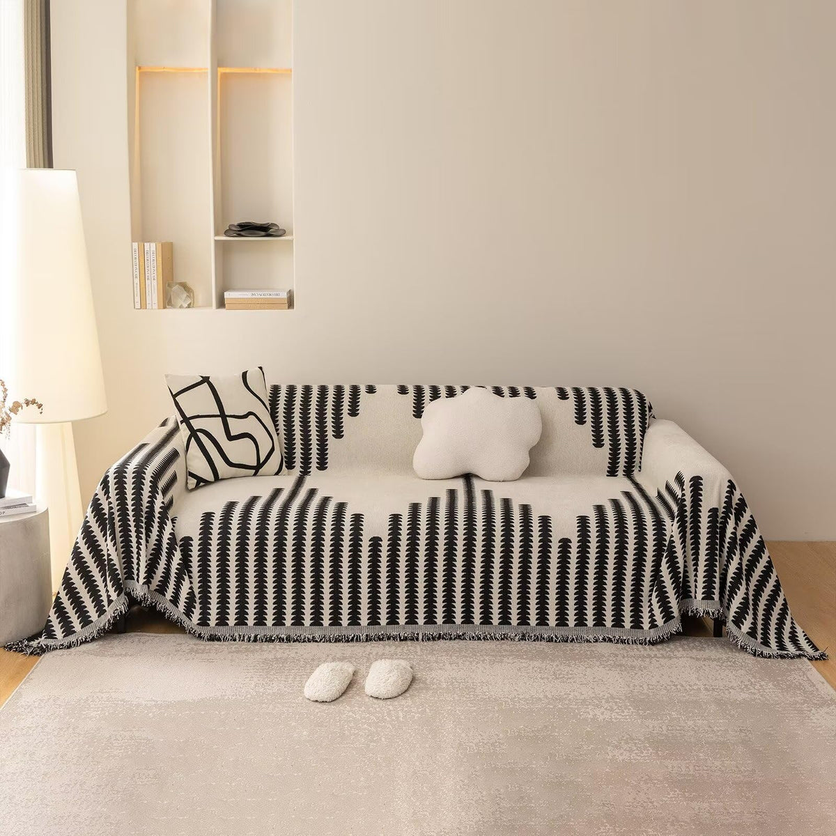 VClife Boho Couch Covers Pet Friendly Chenille Beige Black Herringbone Stripe Jacquard Sofa Slipcover for 2-3 Cushion Couch Sofa