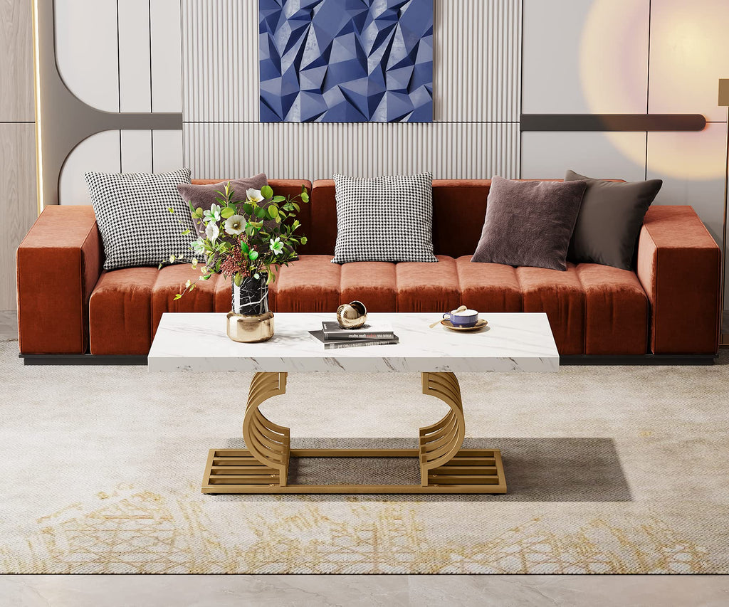 Tribesigns Modern Coffee Table, 47 Inch Faux Marble Cocktail Table With Geometric Frame, Rectangular Center Table Tea Table Accent Furniture For Living Room, Simple Assembly (White/Gold)